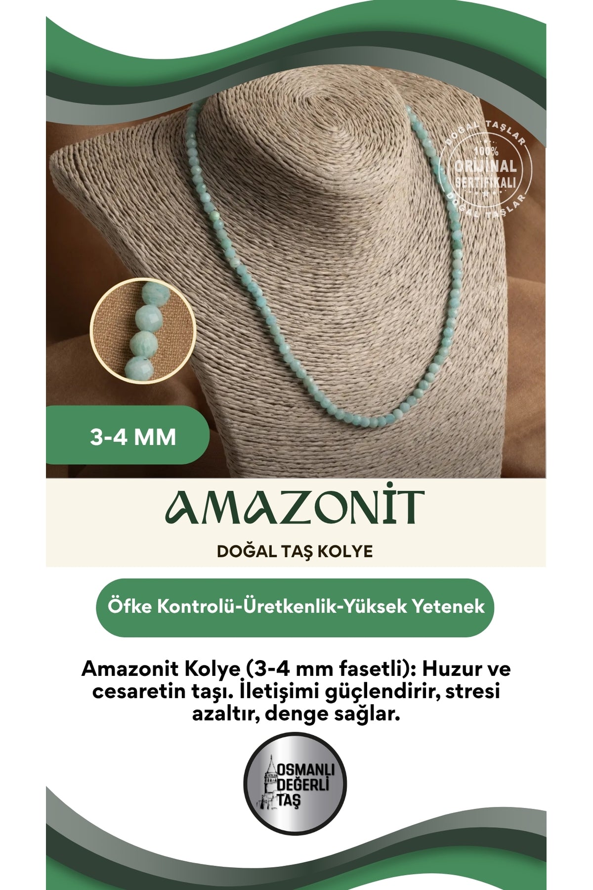 Sertifikalı Amazonit 3-4 Mm Fasetli Kesim Doğal Taş Kolye