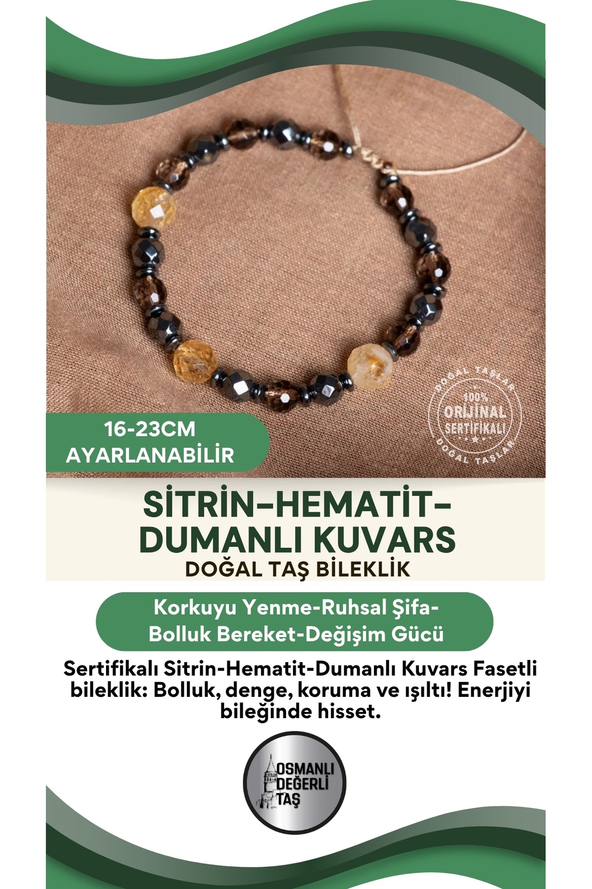 SERTİFİKALI Sitrin Hematit Dumanlı Kuvars Fasetli Doğal Taş Makrome Bileklik