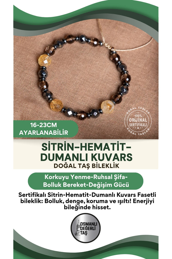 SERTİFİKALI Sitrin Hematit Dumanlı Kuvars Fasetli Doğal Taş Makrome Bileklik