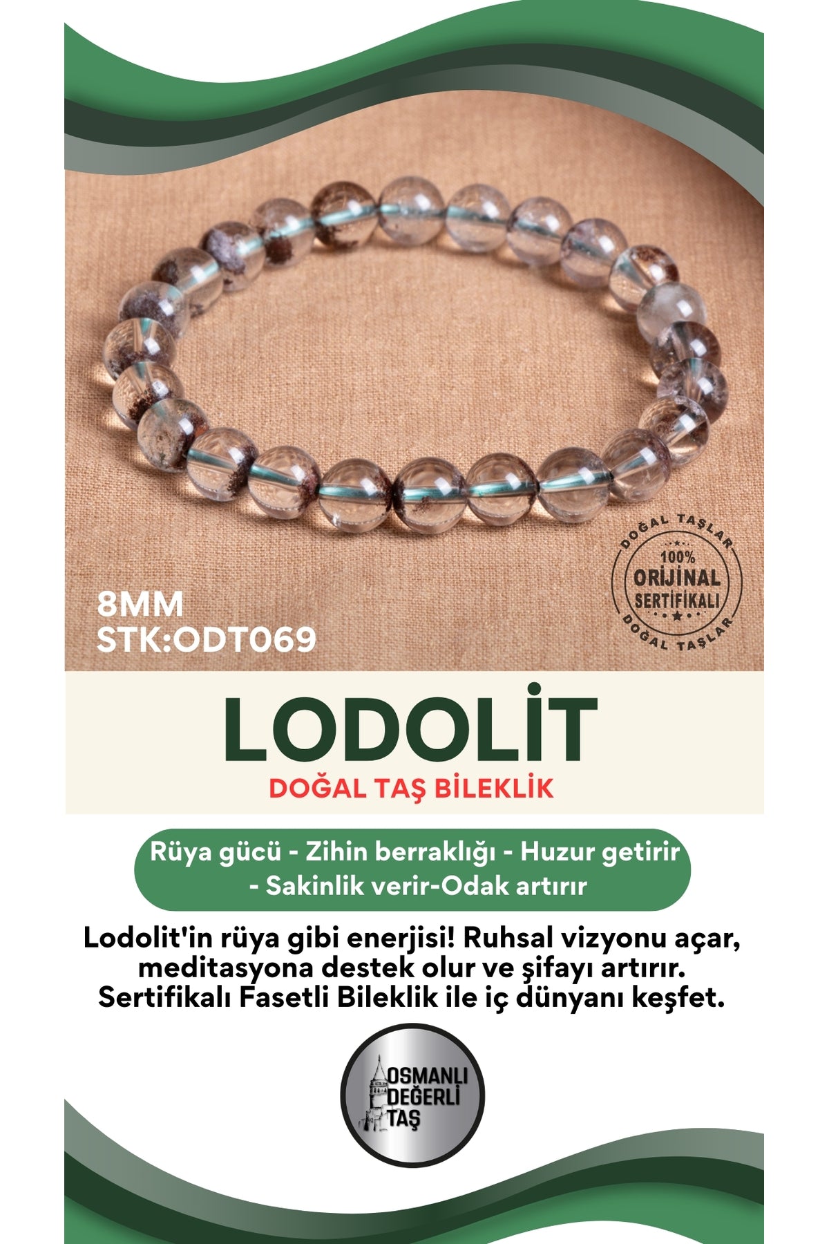 Sertifikalı Lodolit Doğal Taş Fasetli Bileklik ODT069