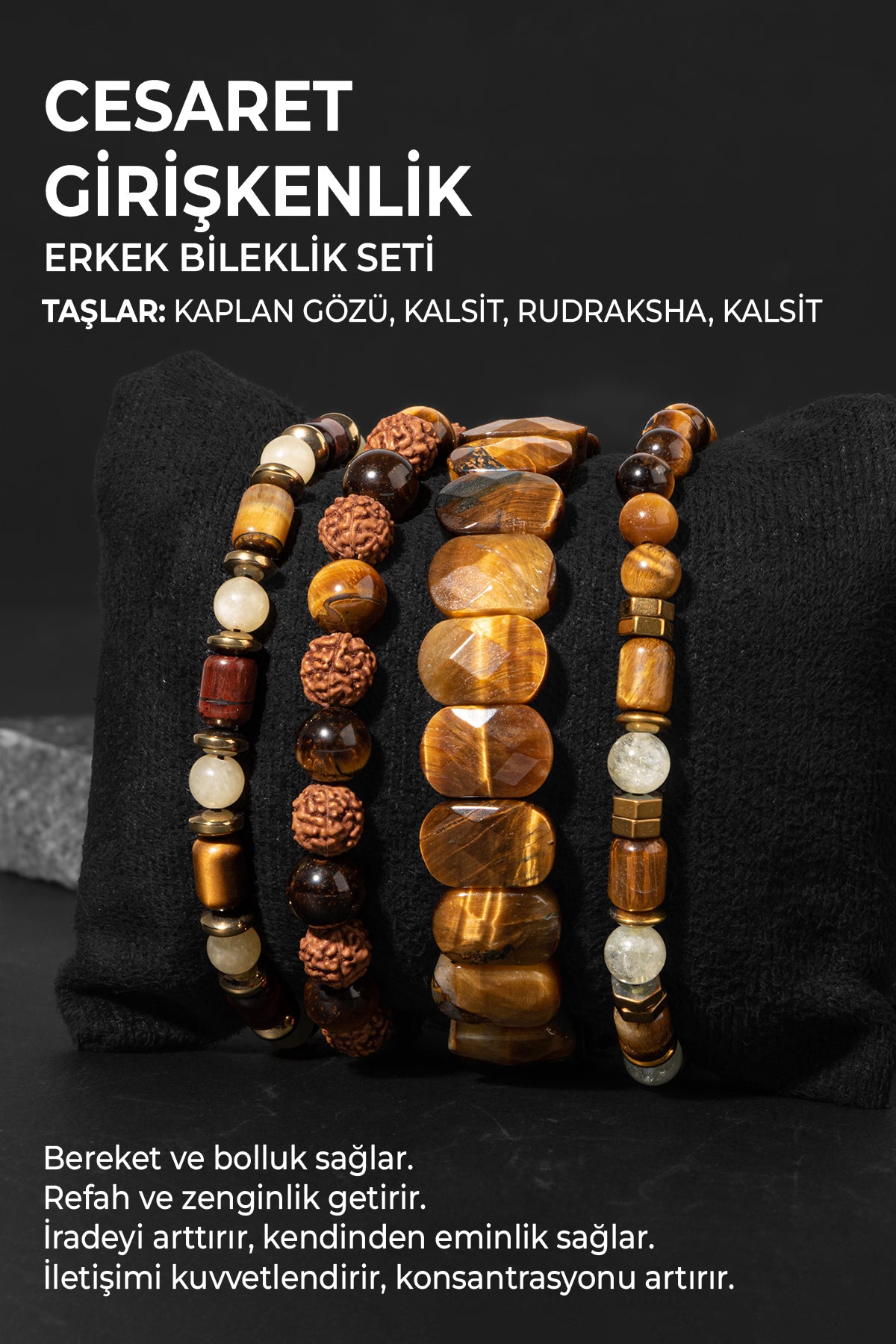 Cesaret ve Girişkenlik Bileklik Seti Kaplan Gözü, Sitrin, Kalsit Sertifikalı Doğal Taşlı