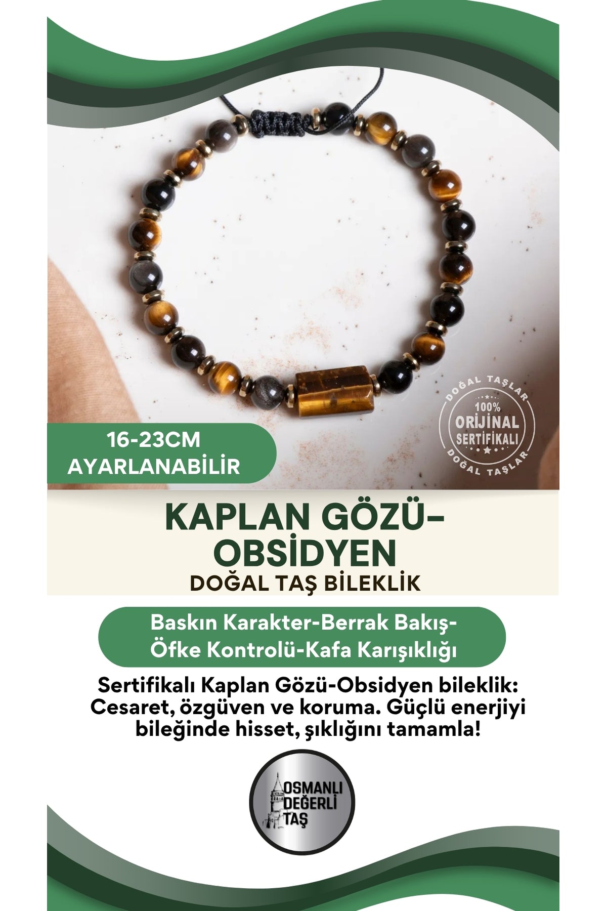 SERTİFİKALI Kaplan Gözü Obsidyen Doğal Taş Makrome Bileklik