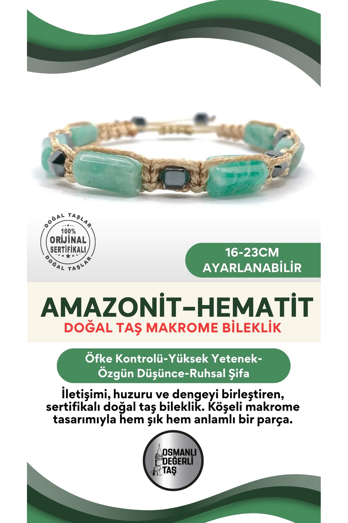 Sertifikalı Hakiki Orijinal Amazonit - Hematit  Doğal Taş İpli Bileklik (Köşeli Makrome Model)