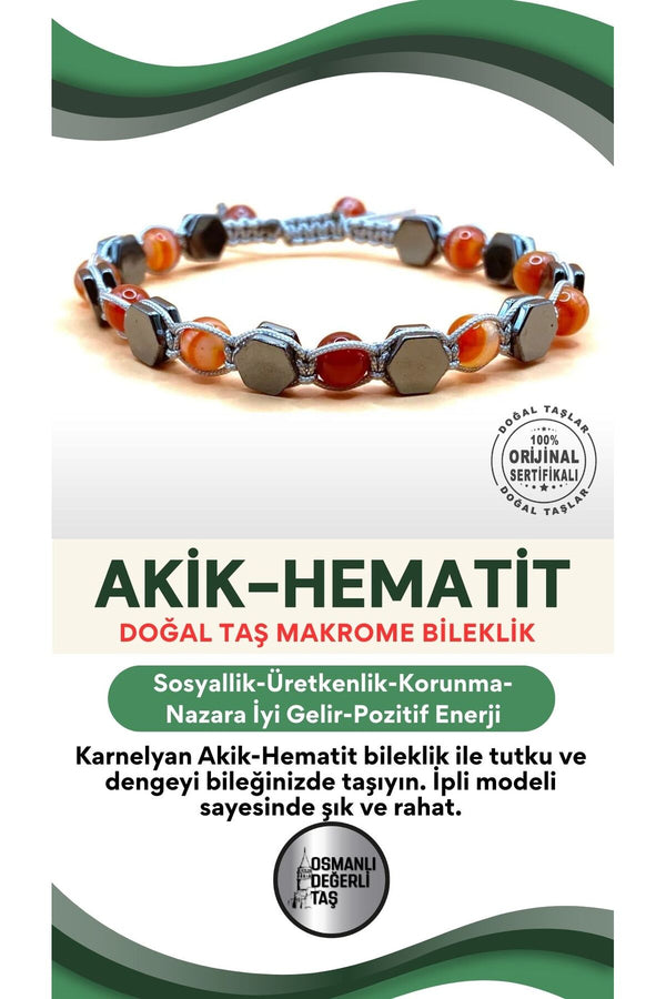 Karnelyan Akik-Hematit Doğal Taş Bileklik Taş Üzeri İpli Model