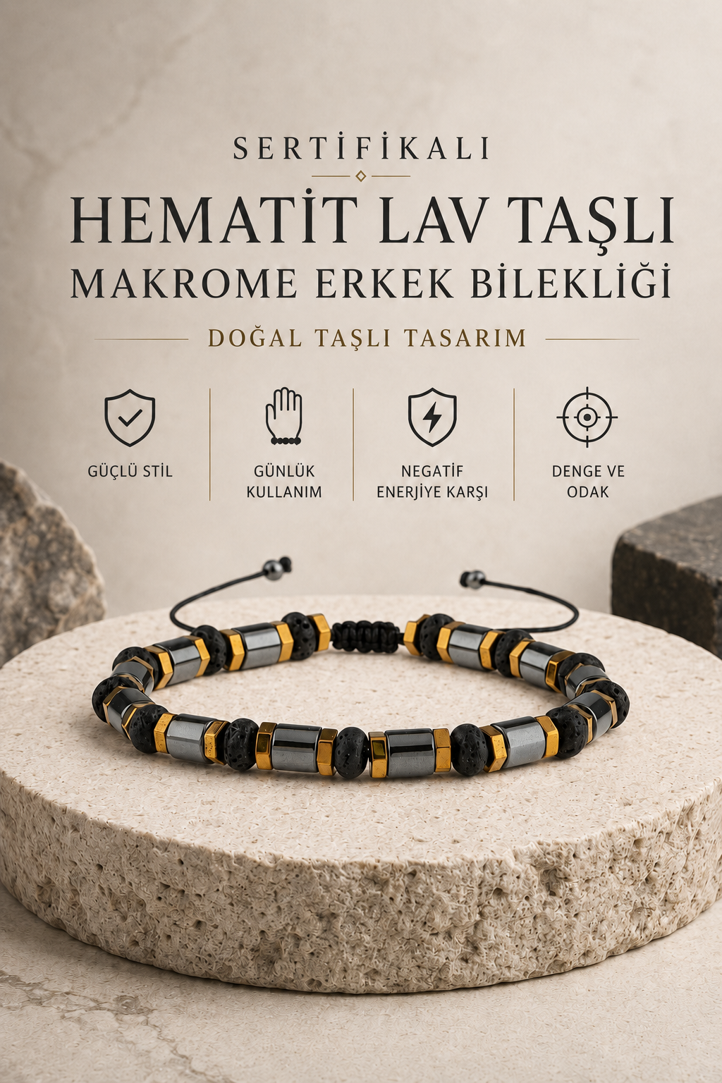 Sertifikalı Hematit Lav Taşlı Makrome Erkek Bilekliği