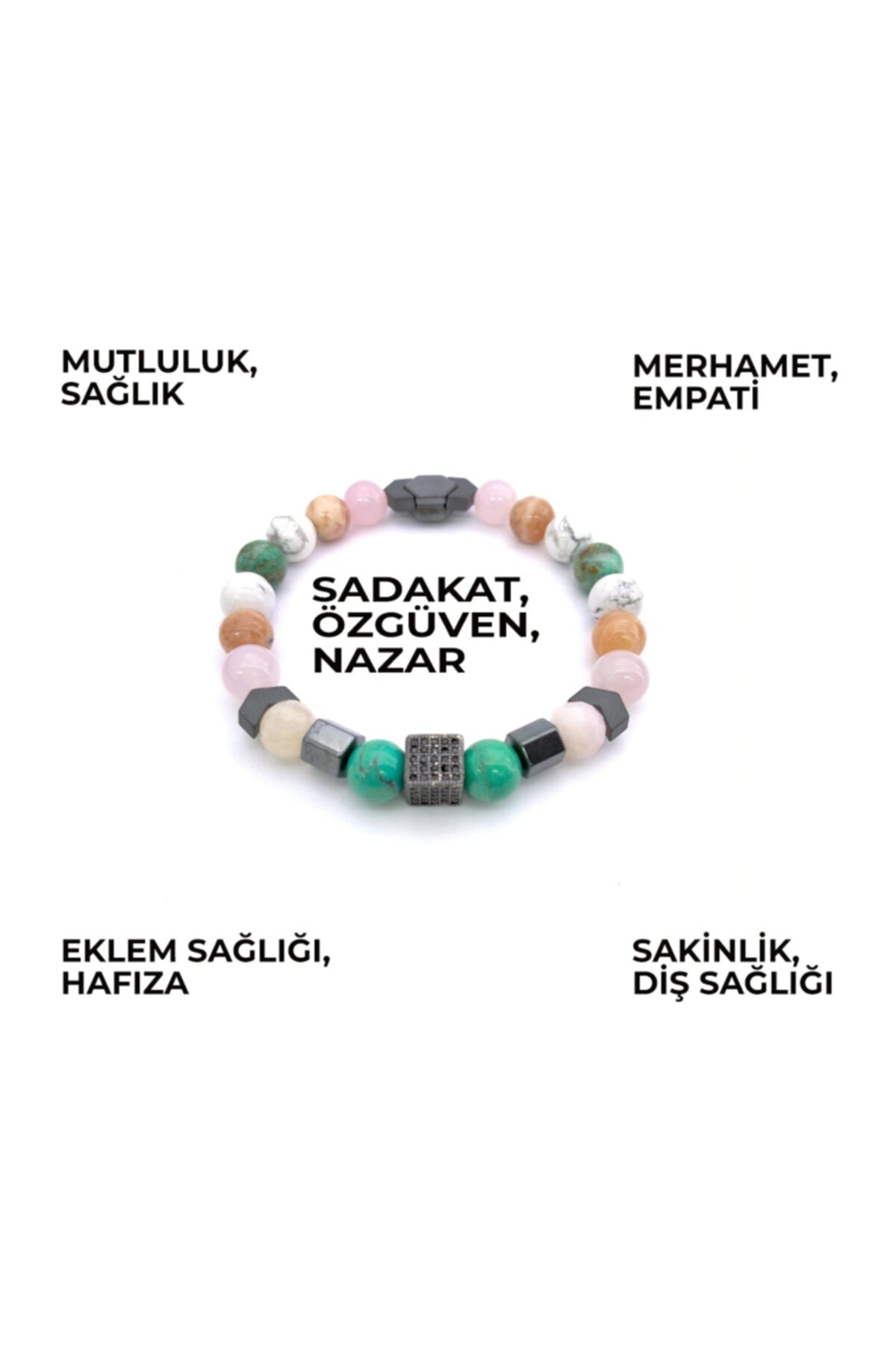 Sertifikalı Doğal Taş Bileklik- Turkuaz-morganit-pembe Kuvars-güneş Taşı-havlit-krizokol-hematit
