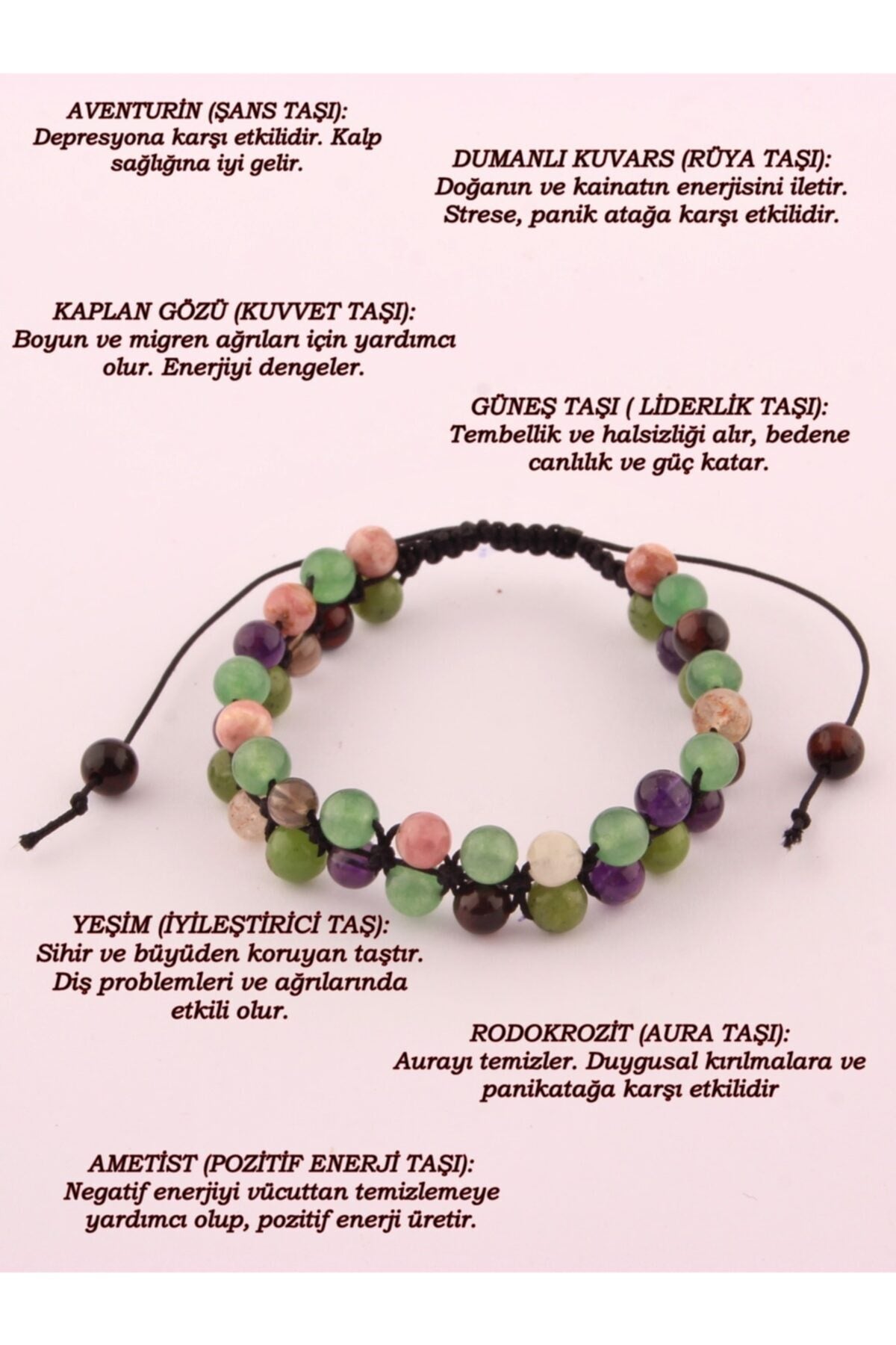 Ruhsal Sağlık Bileklik Yeşim-kaplan Gözü-aventurin-rodokrozit-ametist-güneş Taşı-dumanlı Kuvars