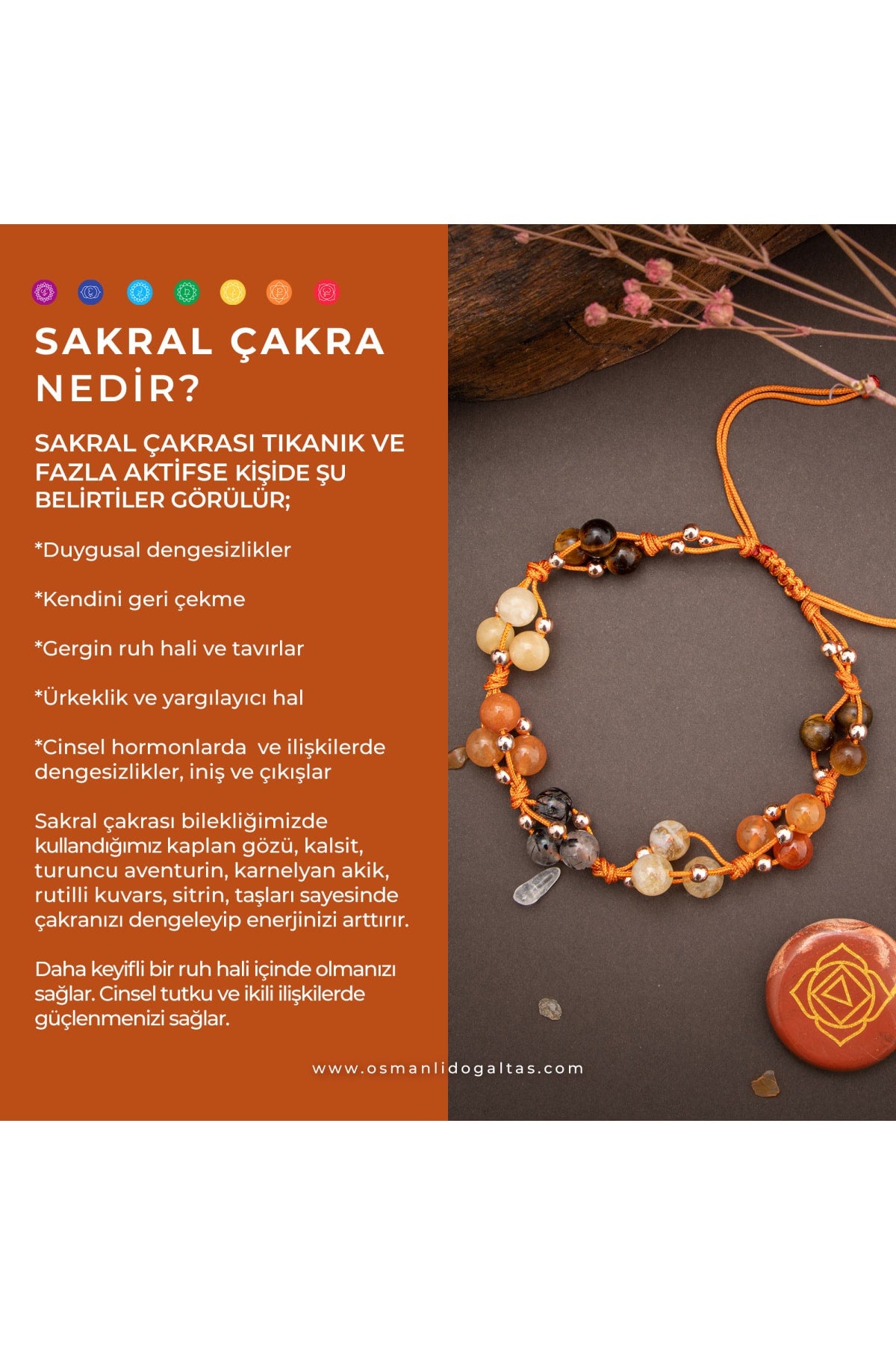 Sertifikalı Sakral Çakra Bölgesi Karnelyan Akik, Sitrin, Kaplan Gözü Doğal Taşlı Makrome Bileklik