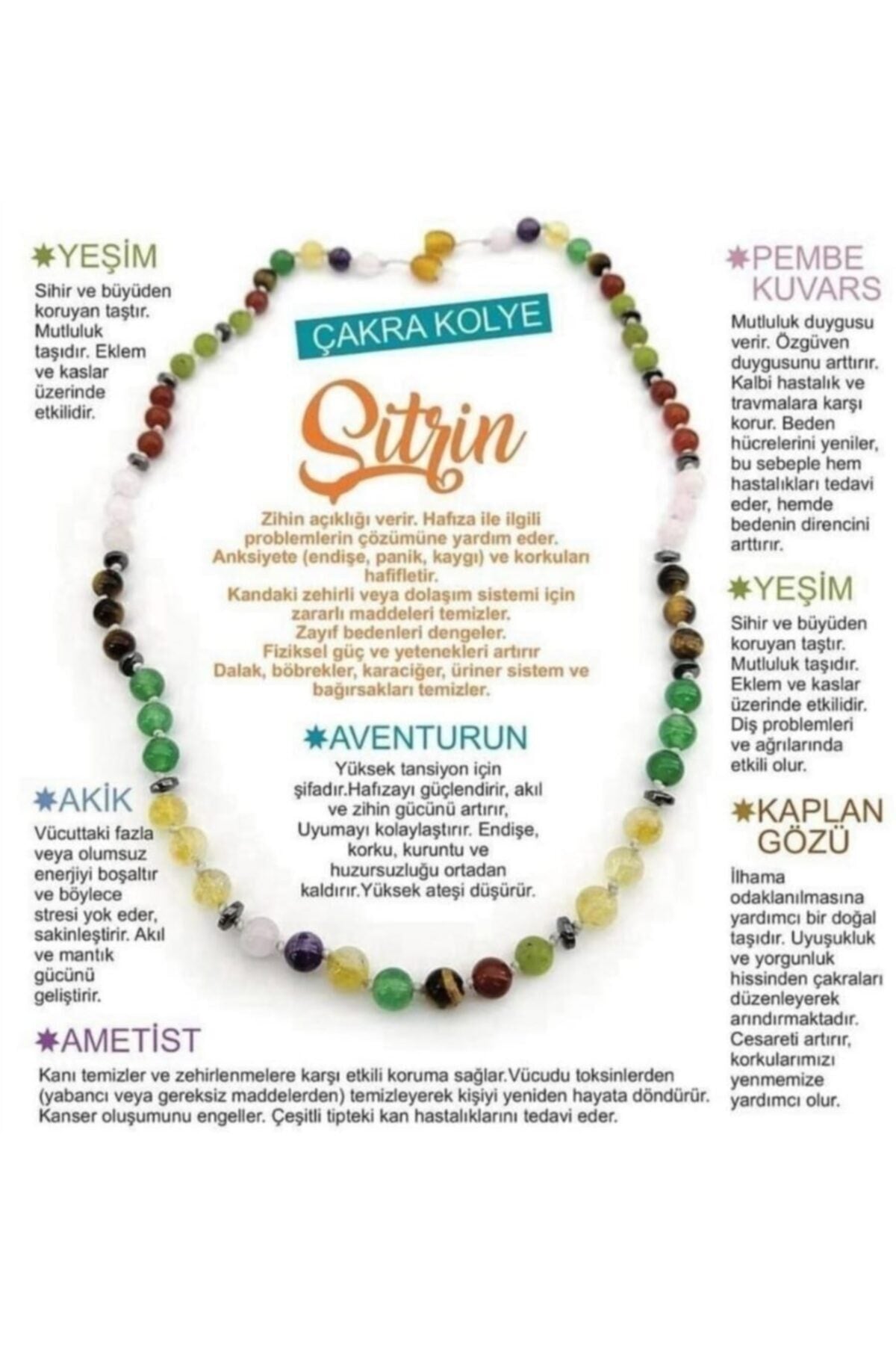 Sertifikalı Çakra Kolye- Yeşim-ametist-pembe Kuvars-aventurin-sitrin-kaplan Gözü-akik