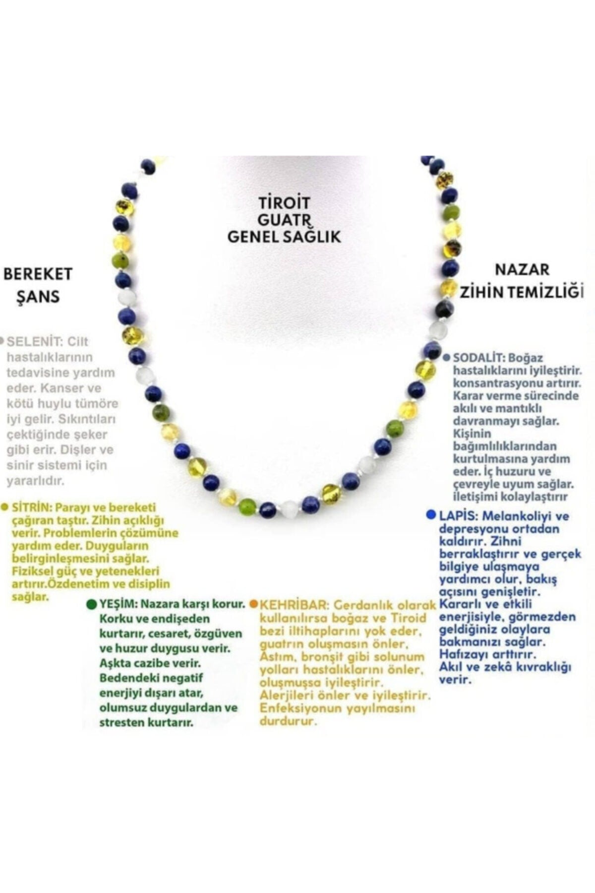 Sertifikalı Doğal Taş Troid Kolye- Selenit-sitrin-sodalit-yeşim-kehribar-lapis