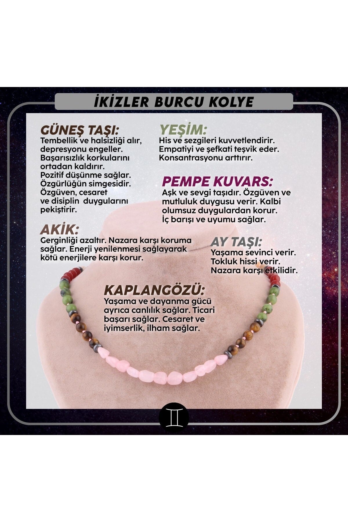 Sertifikalı Ikizler Burcu Doğal Taş Kolye M164