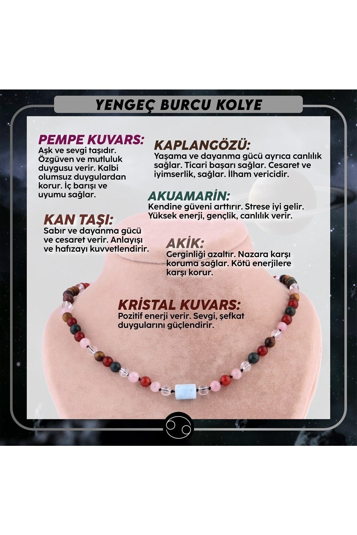 Sertifikalı Yengeç Burcu Doğal Taş Kolye M259