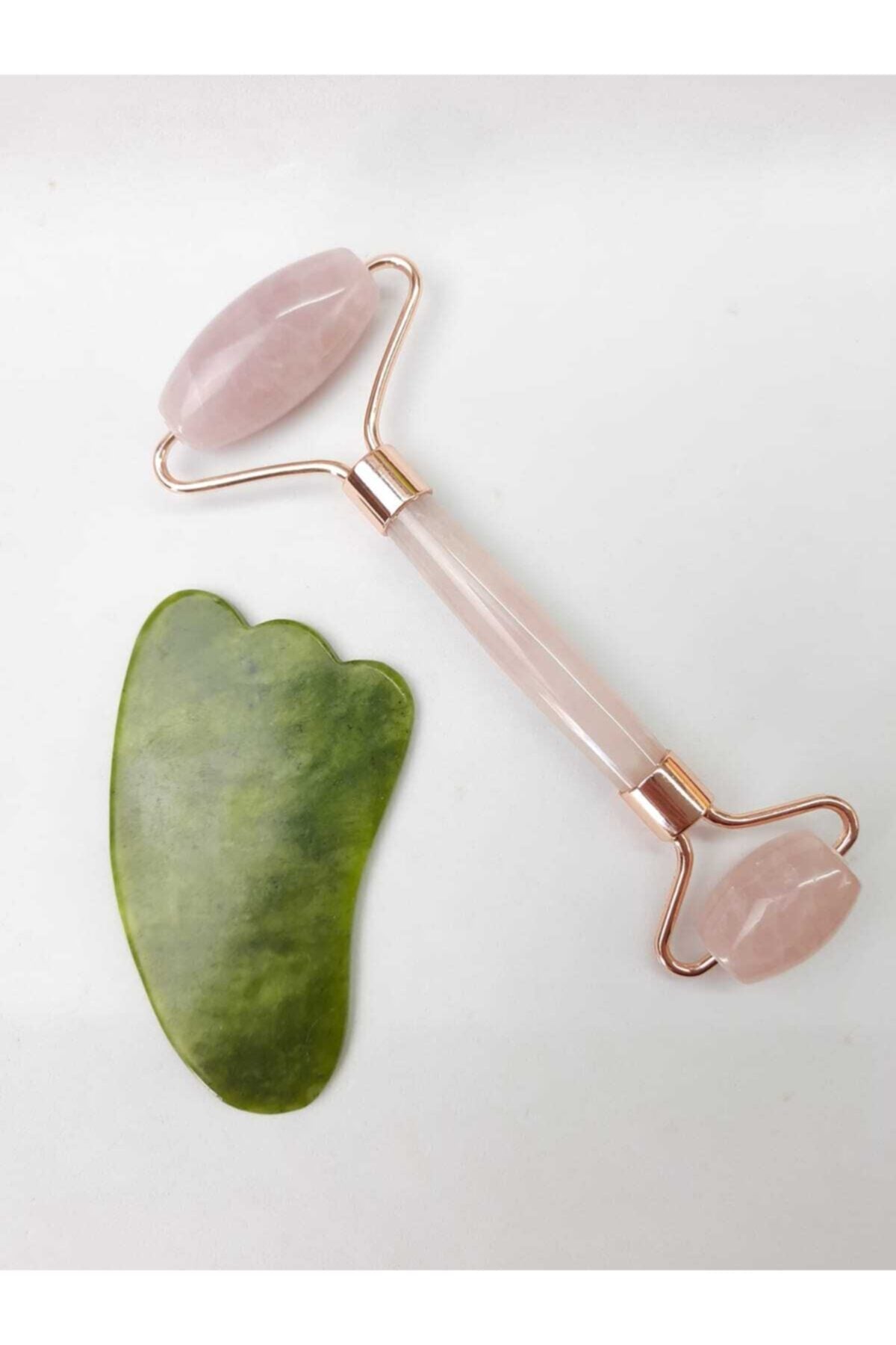 Sertifikalı Pembe Kuvars Masaj Taşı Roller Ve Yeşim Gua Sha Set
