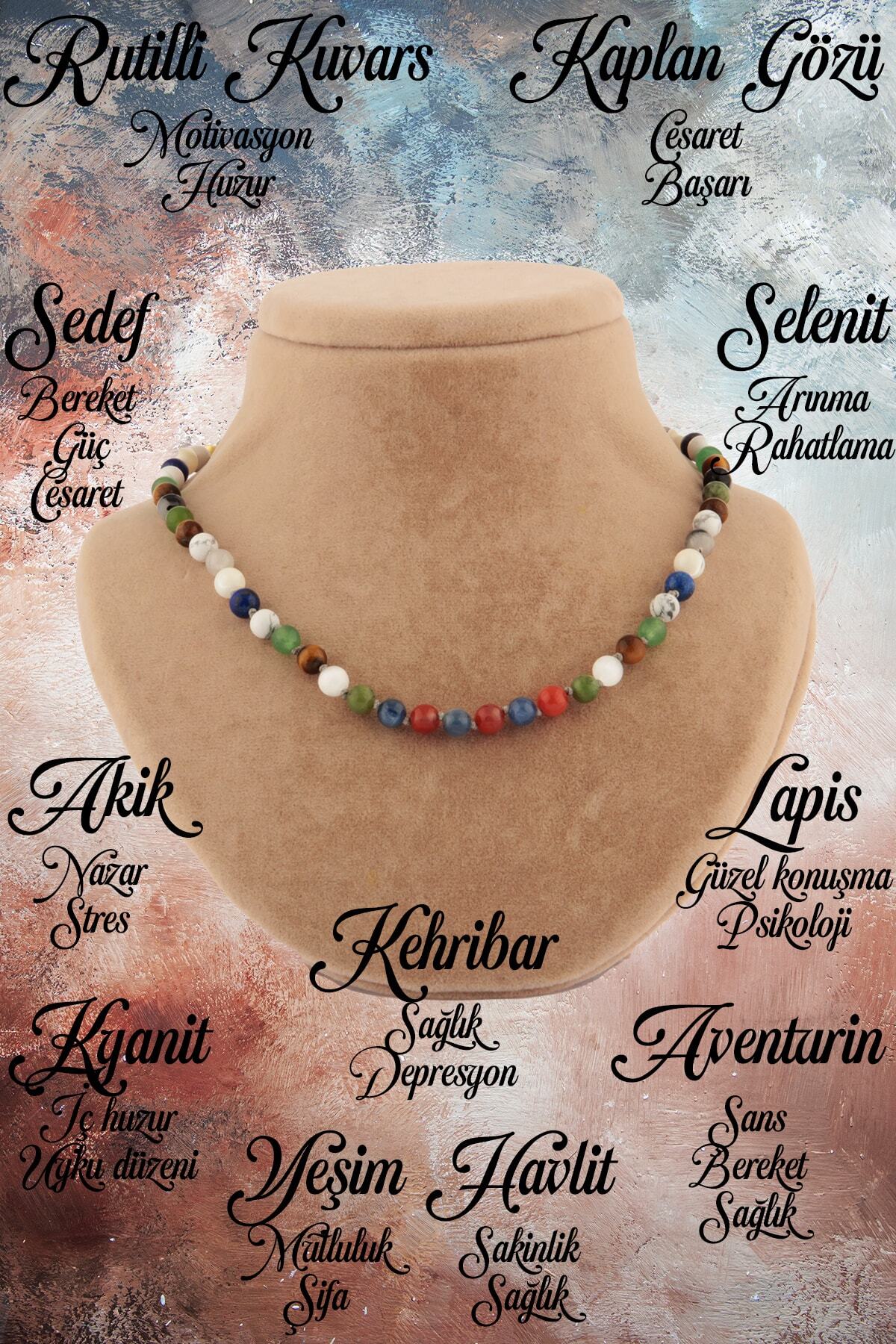 Sedef-aventurin-kehribar-selenit-yeşim-akik-havlit-kaplan Gözü-kiyanit-rutilli Kuvars-lapis Kolye