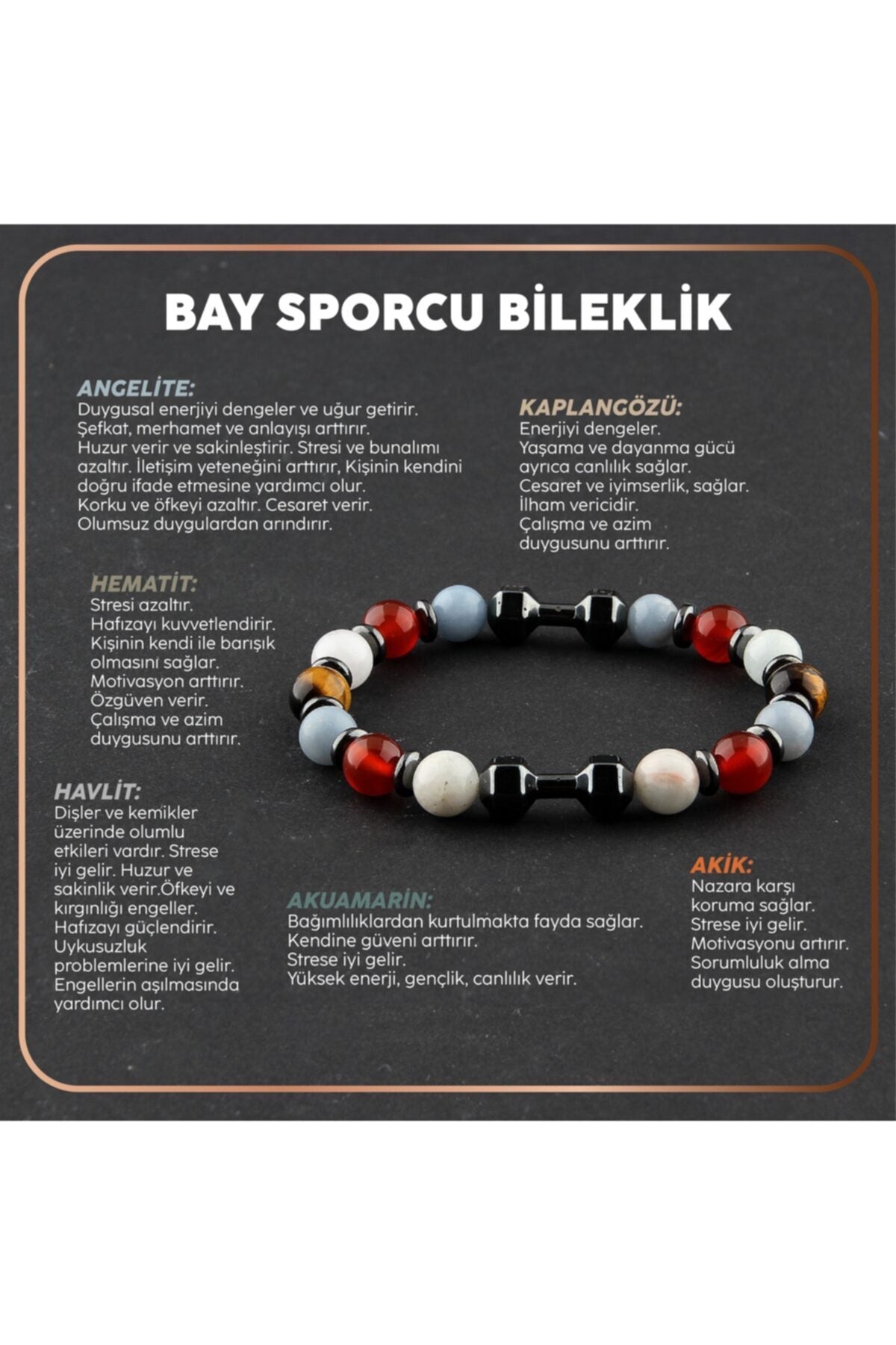 Sertifikalı Bay Sporcu Bileklik Hematit-angelite-havlit-akik-akuamarin-kaplan Gözü-8 Mm