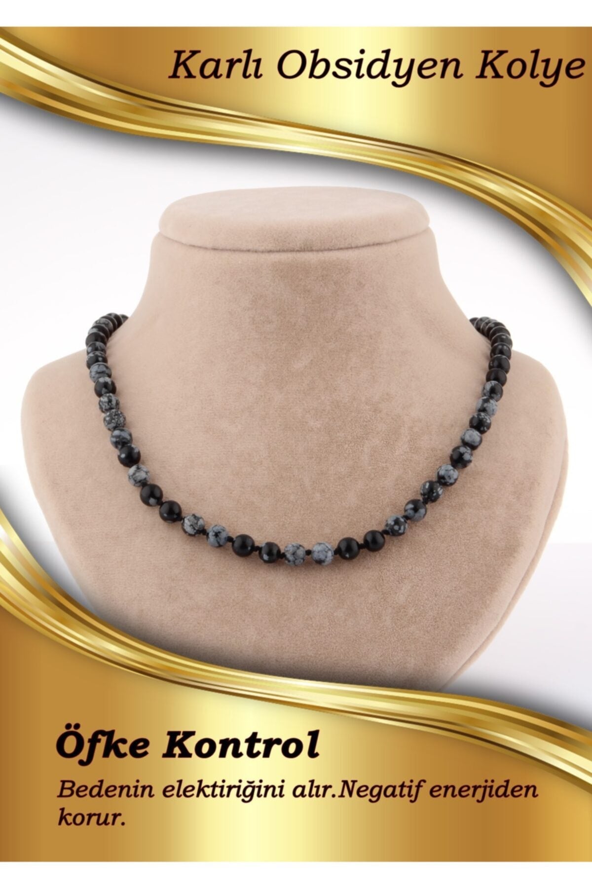 Sertifikalı Karlı Obsidyen 6mm Düğümlü Kolye