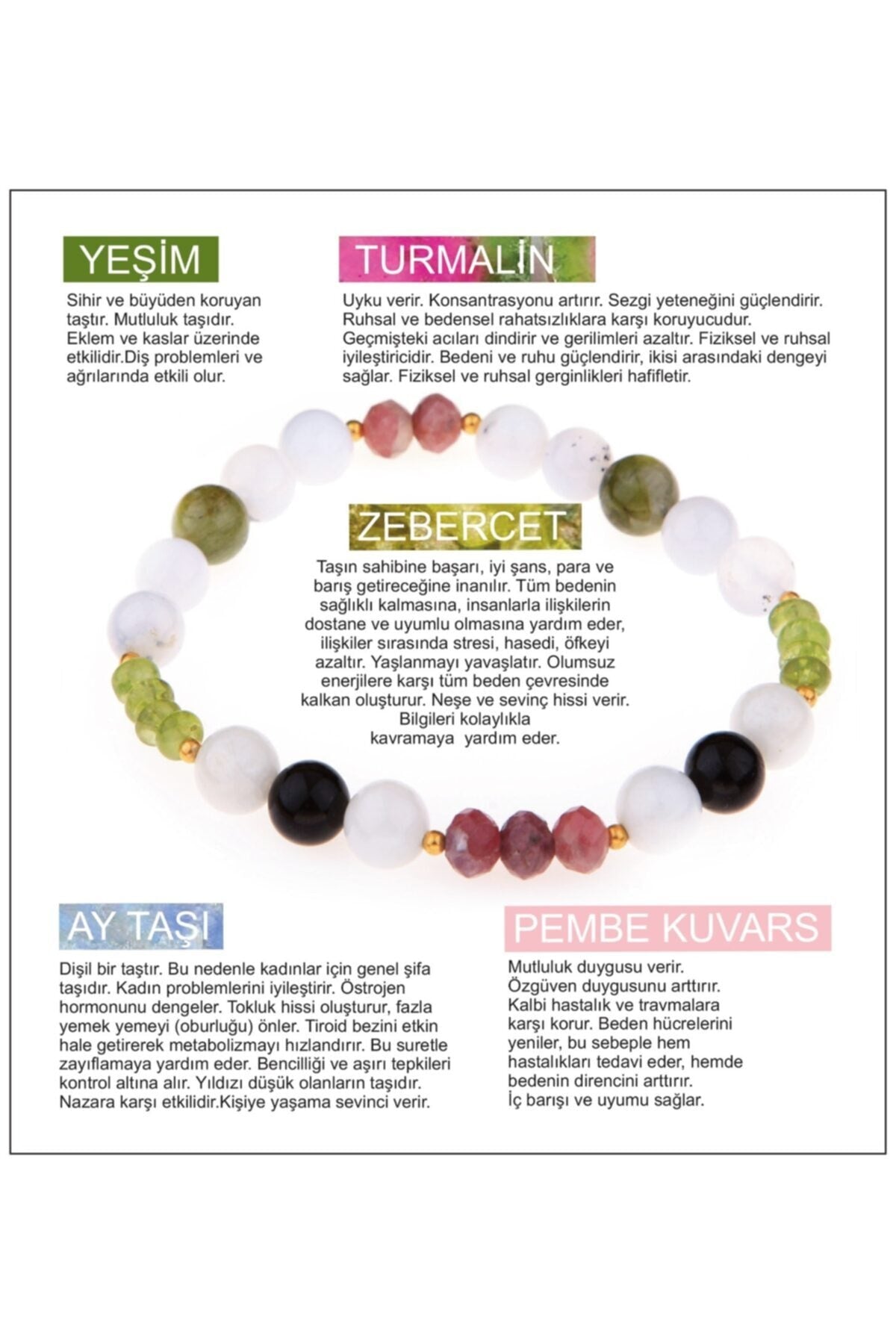 Sertifikalı Doğal Taş Bileklik-yeşim,turmalin,zebercet,ay Taşı,pembe Kuvars B620