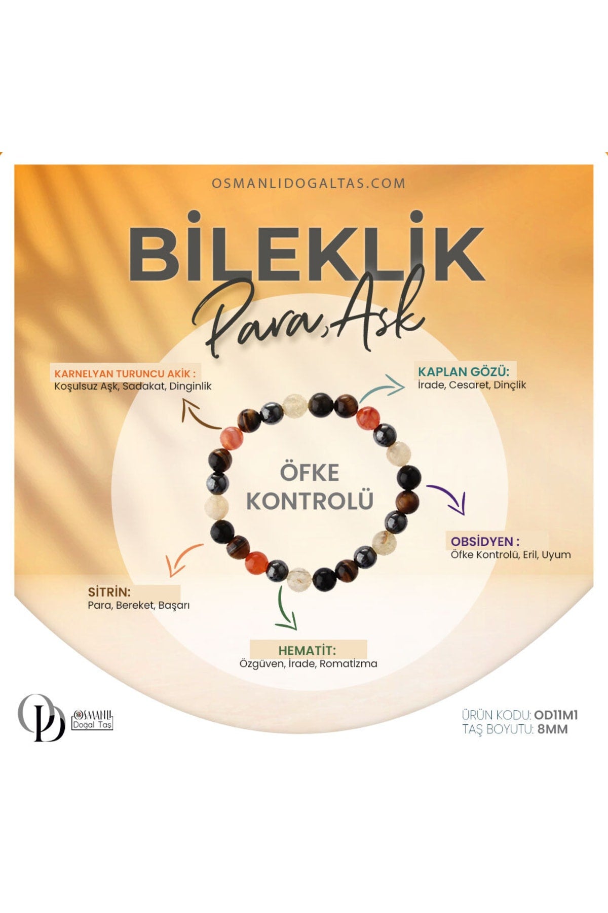 Karnelyan Turuncu Akik, Sitrin, Kaplan Gözü, Obsidyen, Hematit Doğaltaş Bileklik 8 Mm, B924