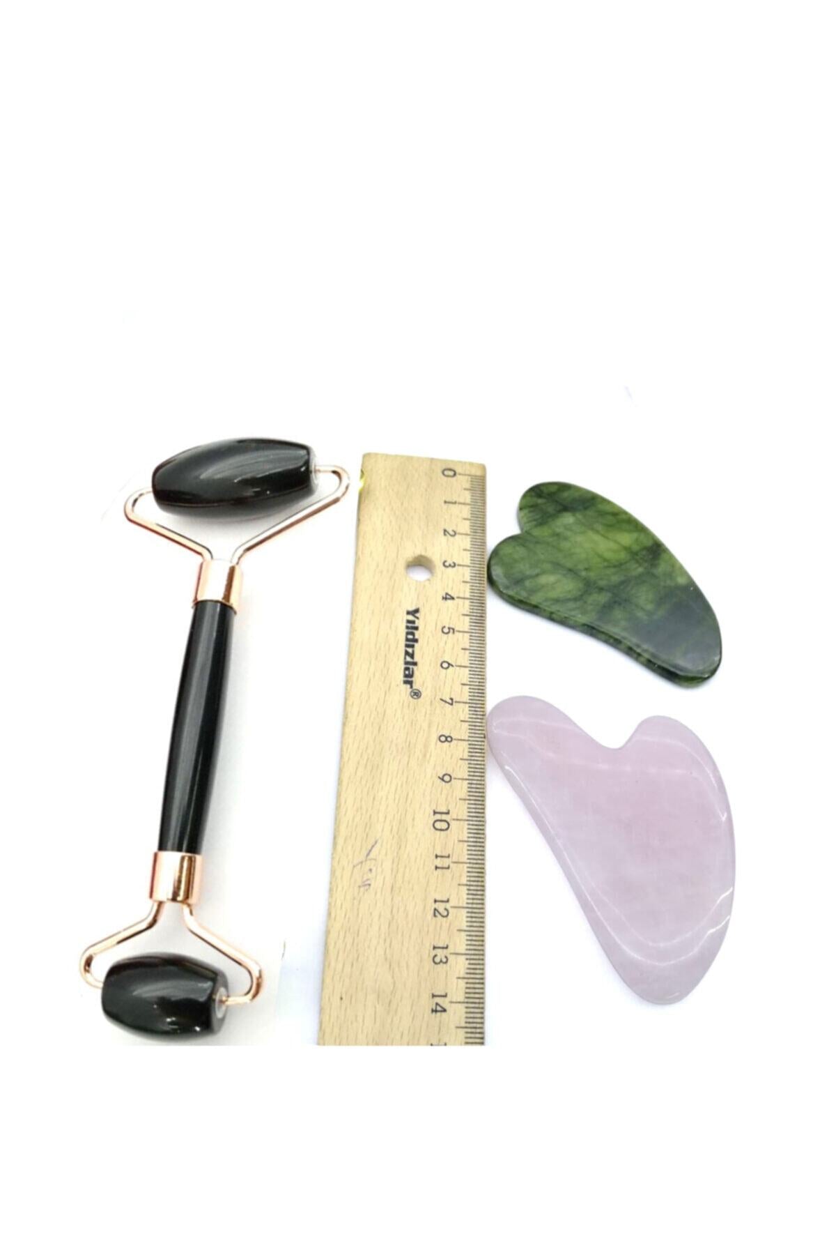 Sertifikalı Obsidyen Masaj Taşı Roller Ve Pembe Kuvars-yeşim Gua Sha (KALP TASARIMLI) Set