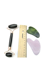 Sertifikalı Obsidyen Masaj Taşı Roller Ve Pembe Kuvars-yeşim Gua Sha (KALP TASARIMLI) Set