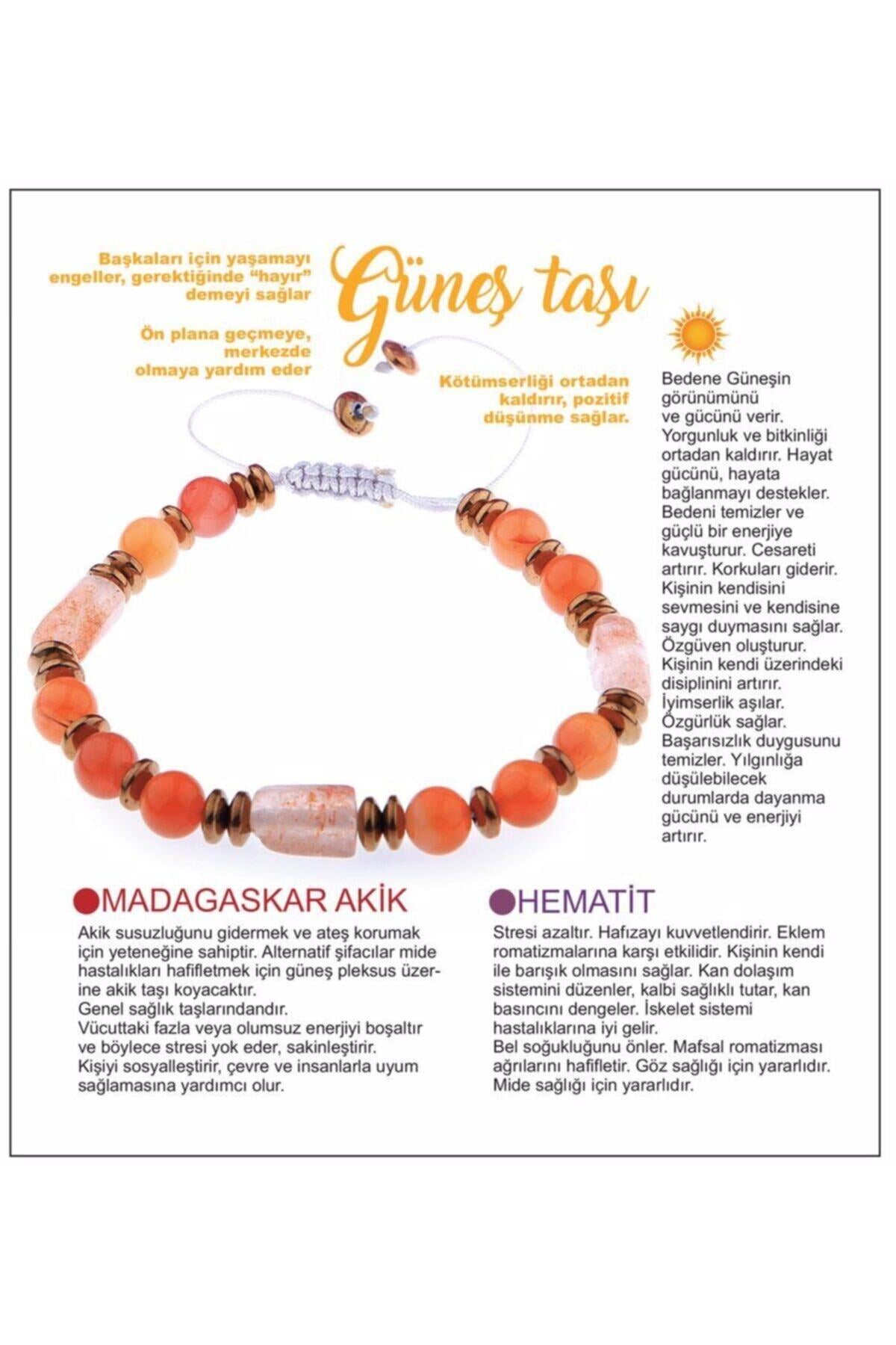 Sertifikalı Doğal Taş Bileklik - Güneş Taşı,madagaskar Akik,hematit