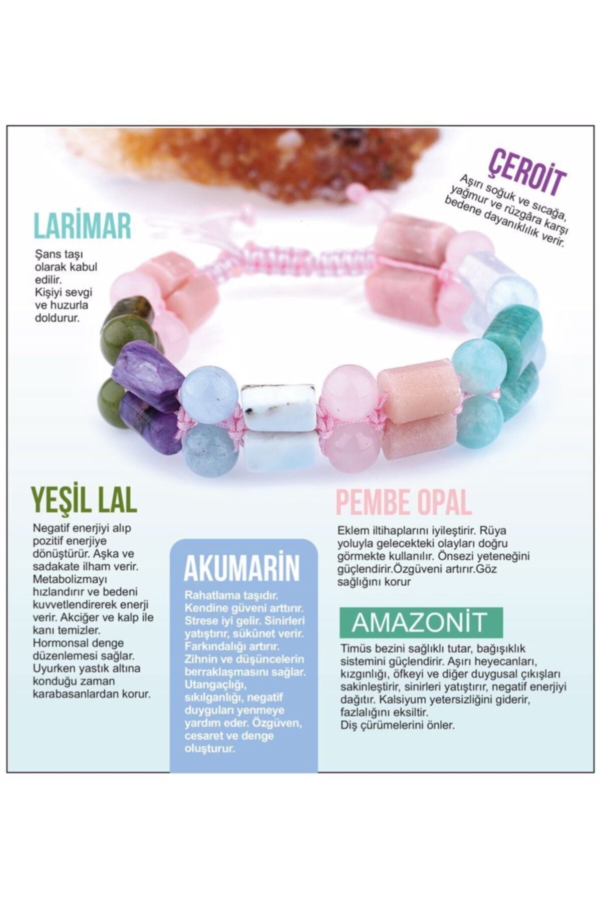 Sertifikalı Doğal Taş Bileklik - Larimar-çeroit-yeşil Lal-akuamarin-pembe Opal-amazonit