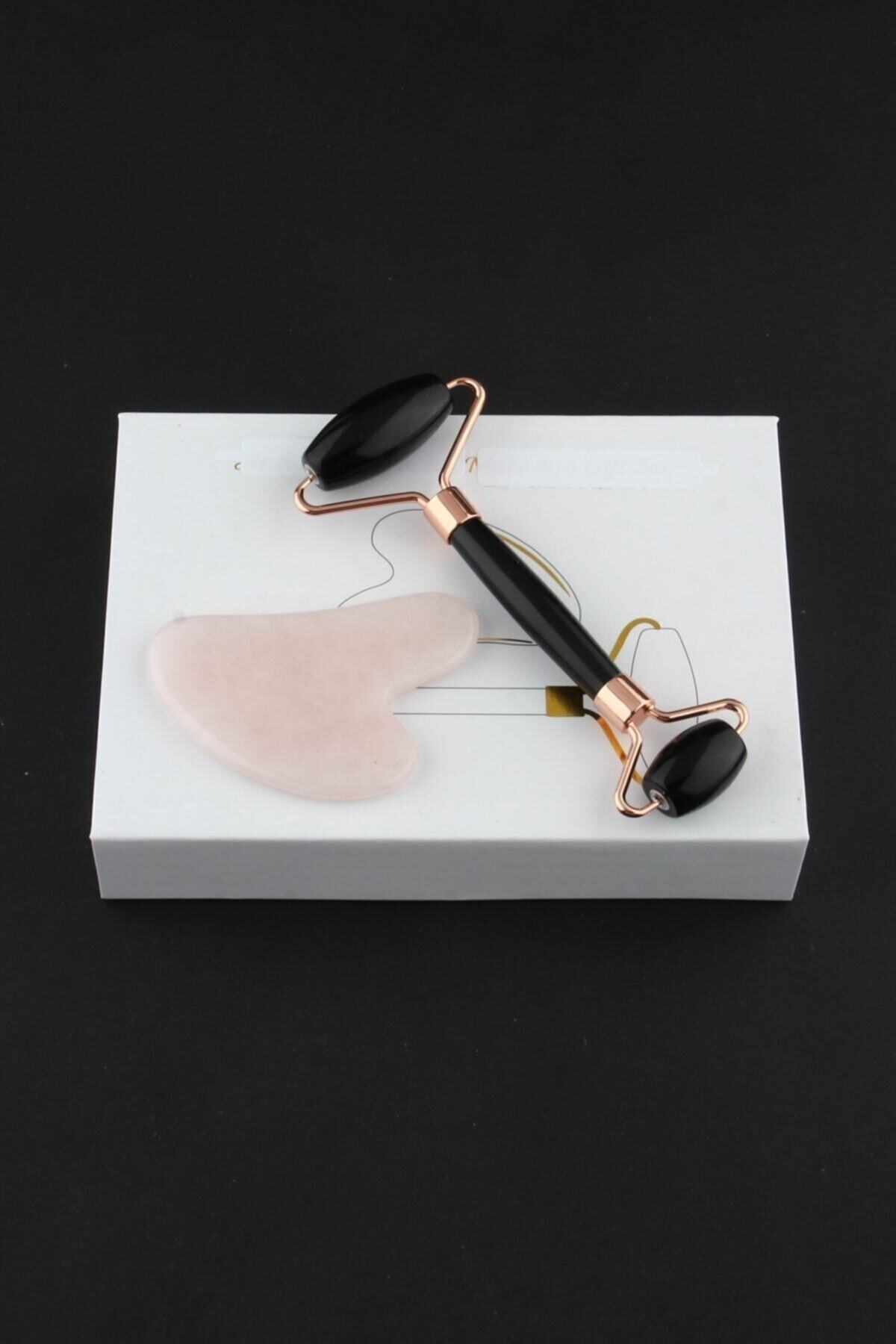 Sertifikalı Obsidyen Masaj Taşı Roller Ve Pembe Kuvars Gua Sha Kalp Tasarımlı Set