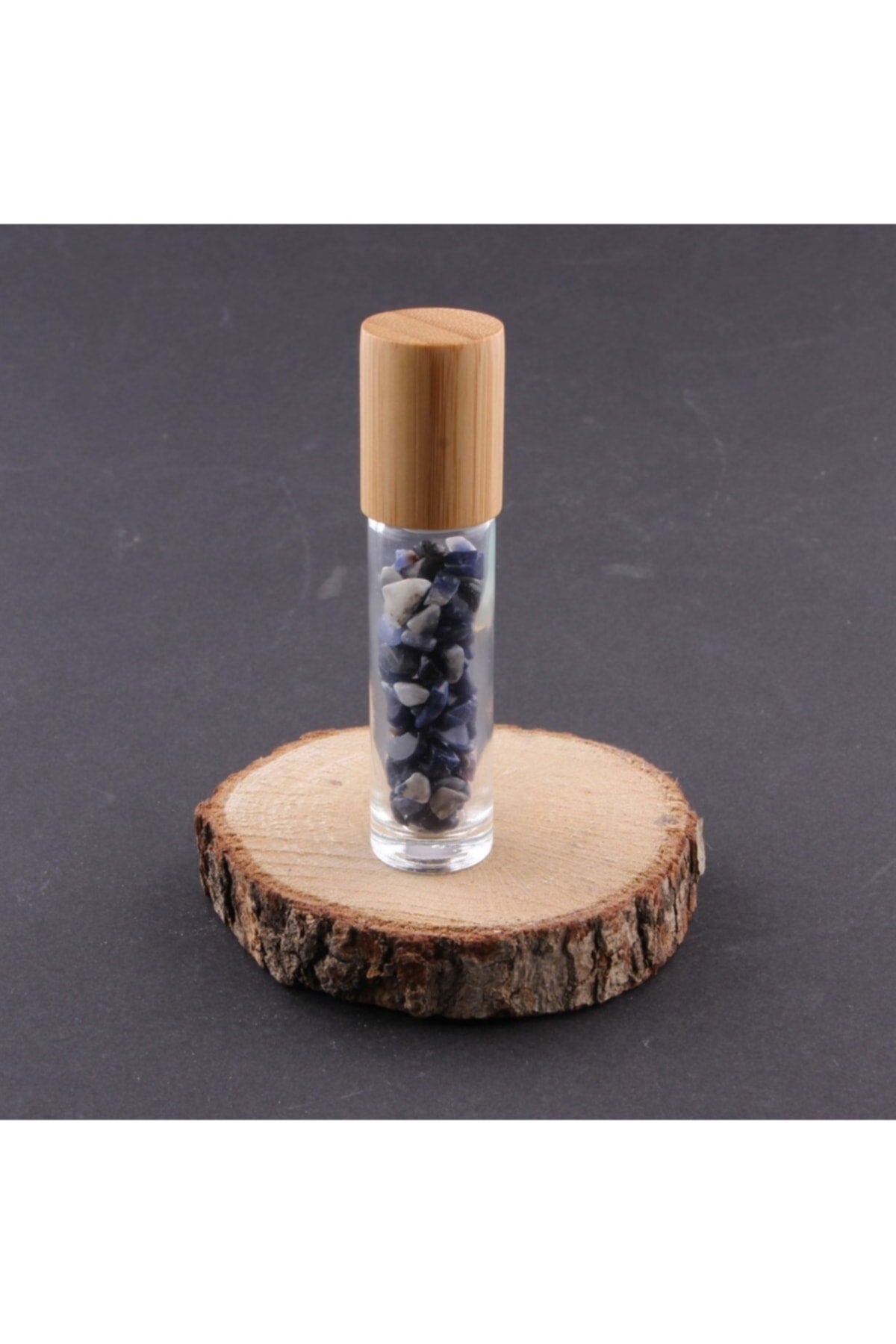 Sertifikalı Sodalit Taşı Doğal Taş Yüz Ve Cilt Esans Ve Yağ Şişesi - 10 Ml, 8 Cm Bambu Kapak