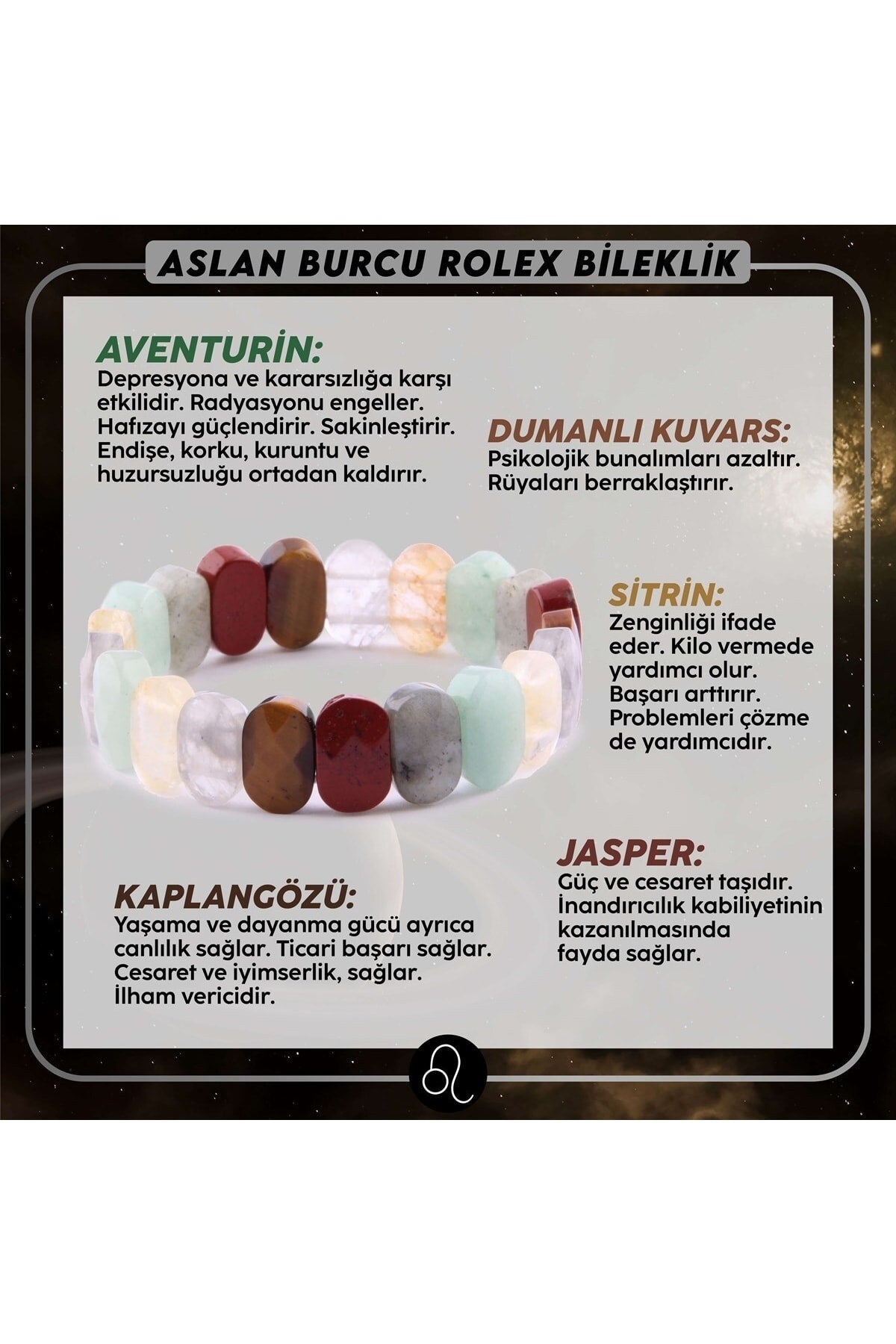 Sertifikalı Aslan Burcu Doğal Taş Roleks Bileklik B030