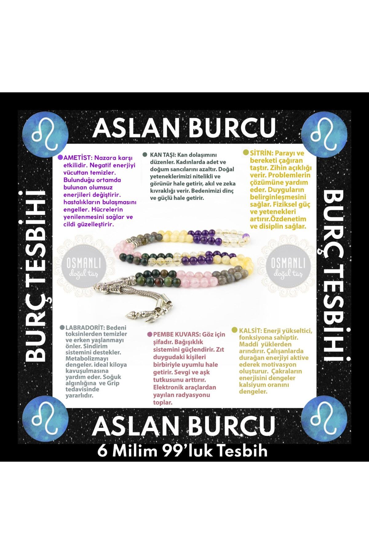 Sertifikalı Aslan Burcu 99'luk Tesbih Ametist-kan Taşı-sitrin-labradorit-pembe Kuvars-kalsit