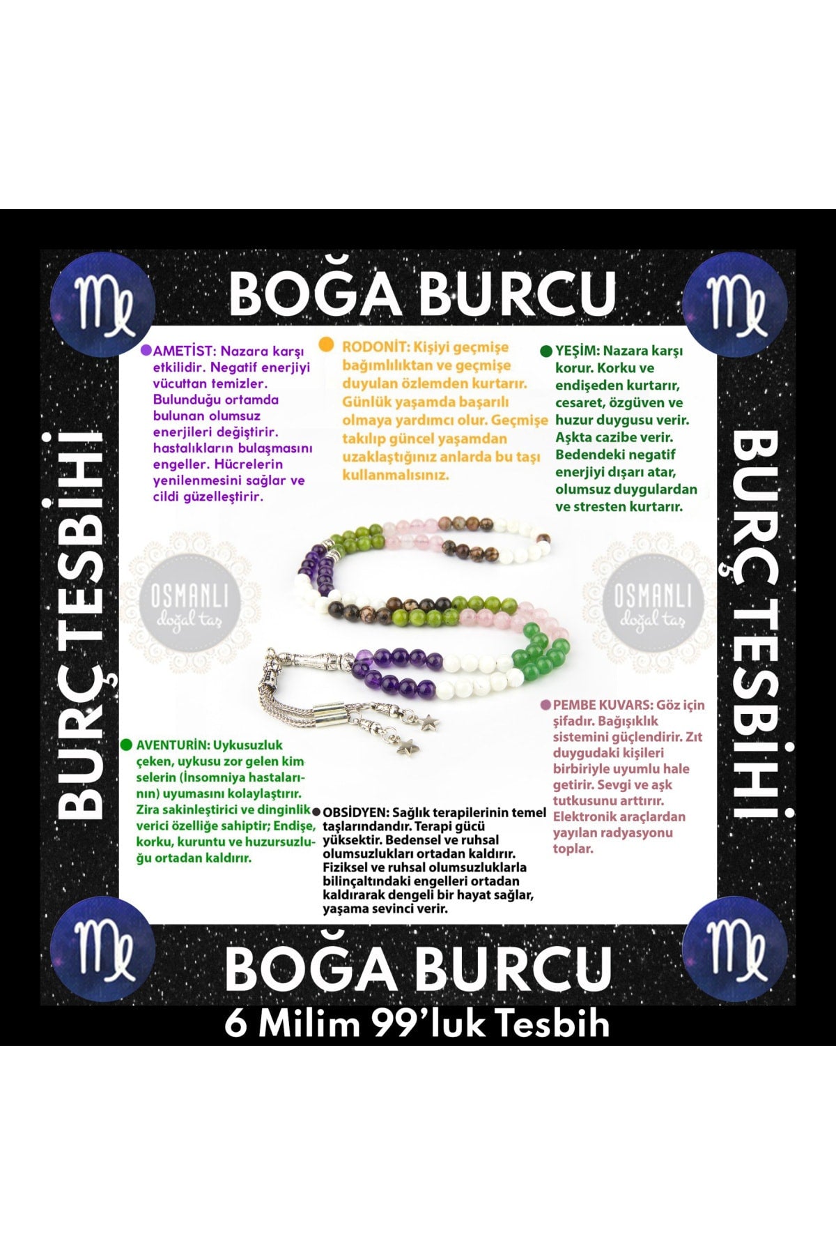 Sertifikalı Boğa Burcu 99'luk Tesbih 6 Mm Hematit - Florit - Kırmızı Akik - Ay Taşı - Ametist