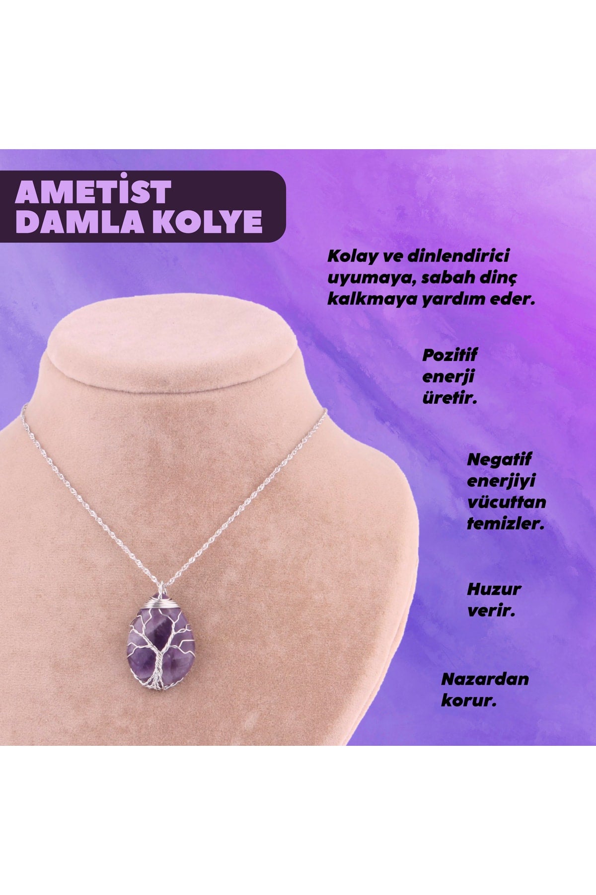Sertifikalı Ametist Doğal Taş Damla Kolye Ucu, Gümüş Zincirle Beraber - M382