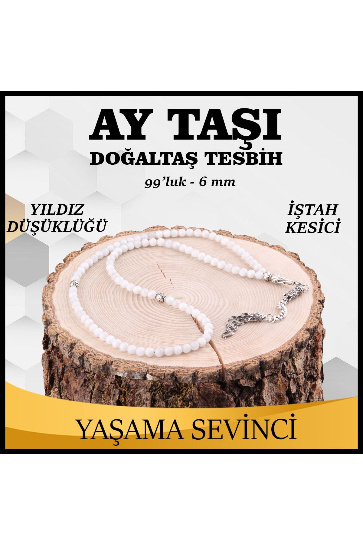 Sertifikalı Ay Taşı 99'luk Doğaltaş Tesbih 6 Mm, T218
