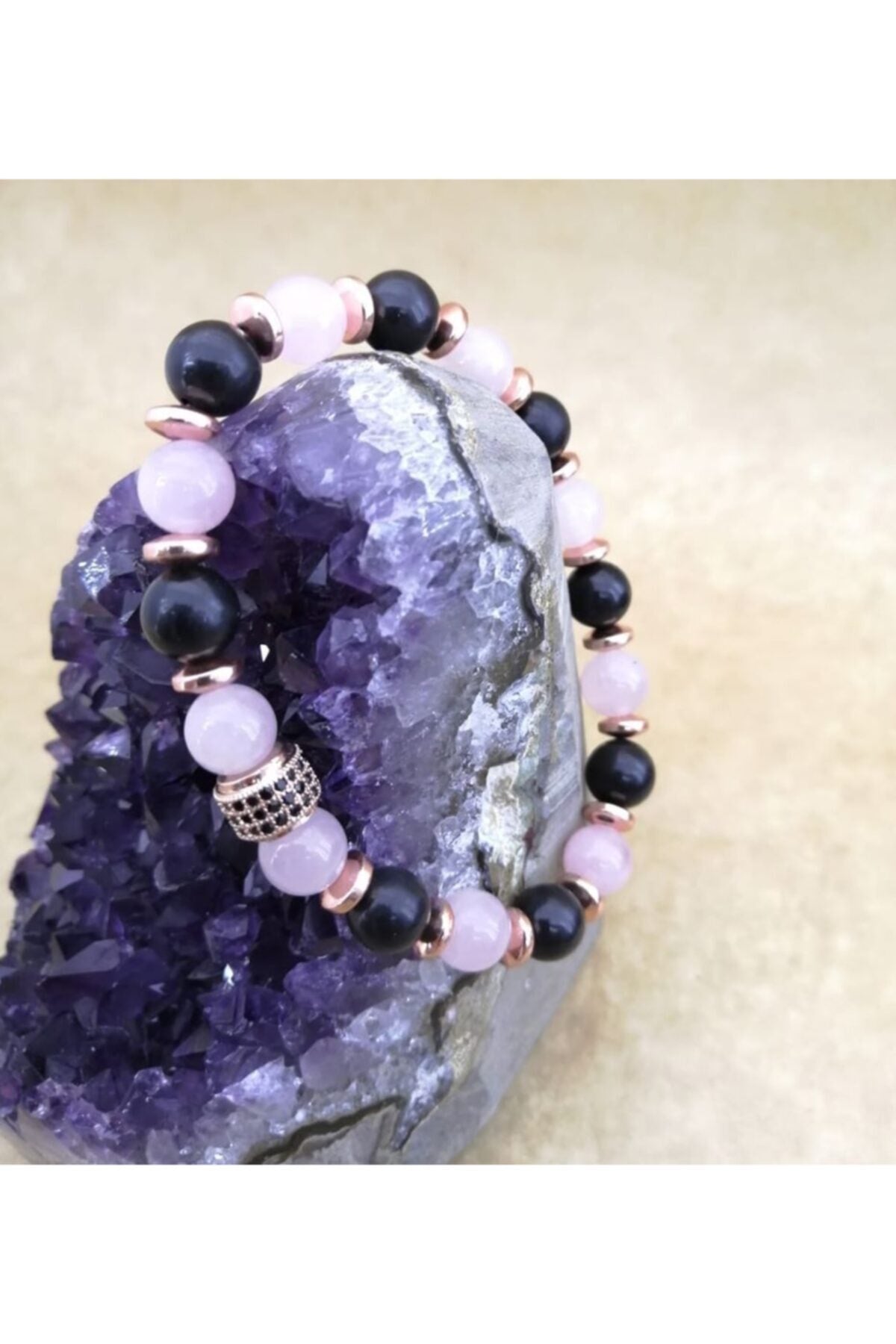 Sertifikalı Doğal Taş Bileklik - Pembe Kuvars,shungite