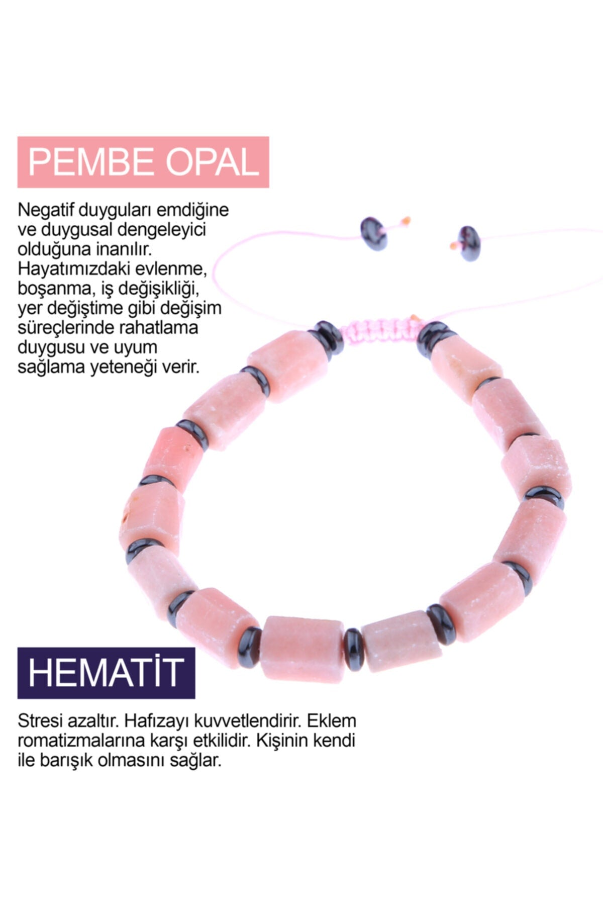 Sertifikalı Pembe Opal, Hematit Bileklik