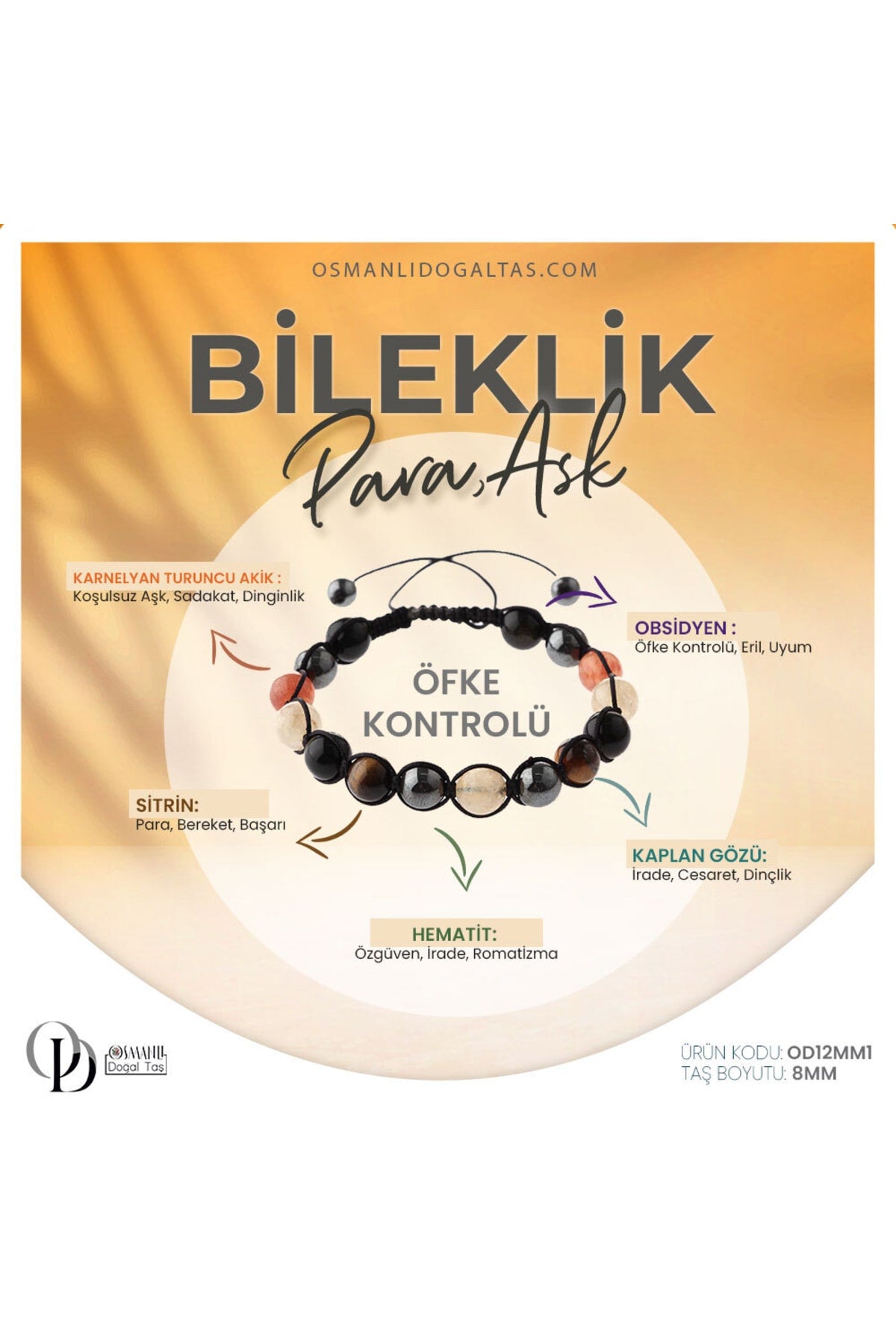 Karnelyan Turuncu Akik, Sitrin, Kaplan Gözü, Obsidyen, Hematit Doğaltaş Bileklik 8 Mm, B925