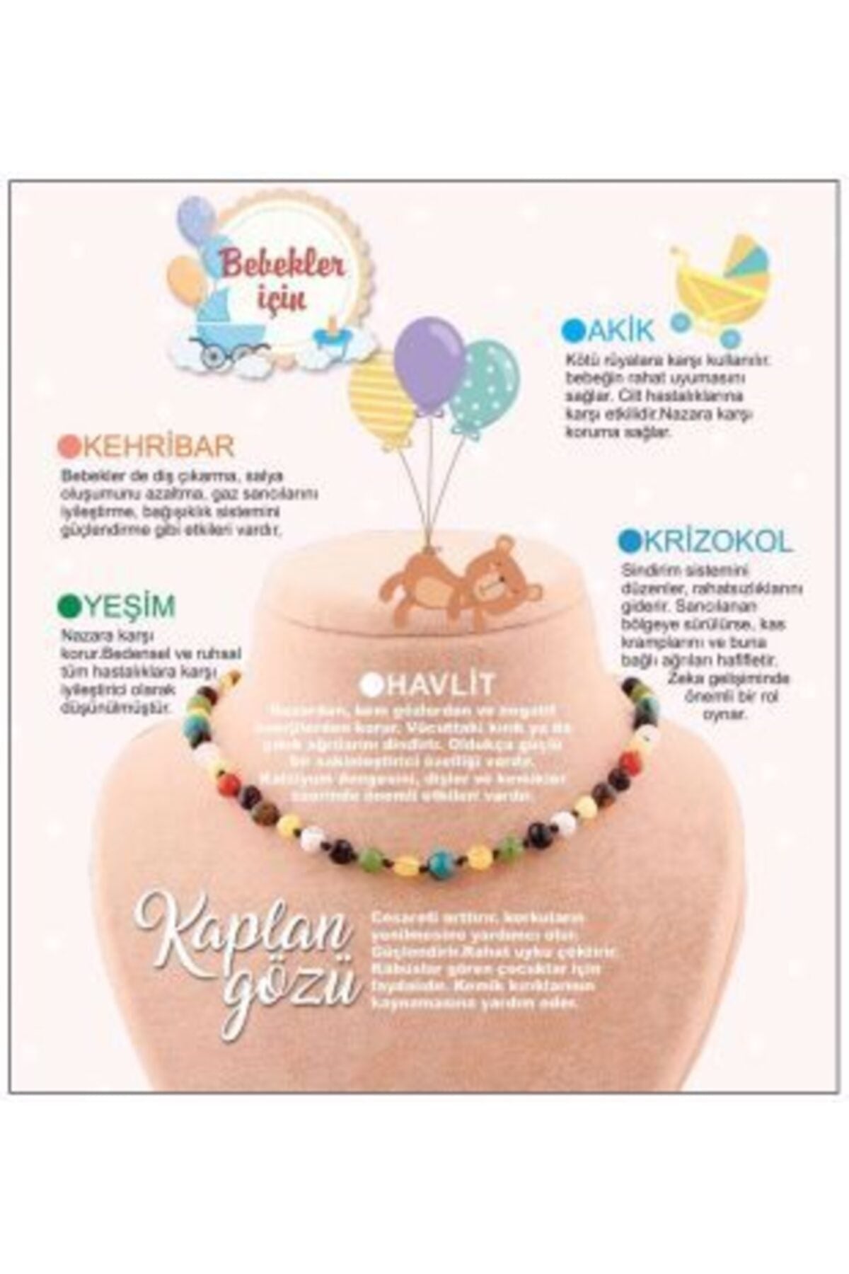 Doğal Taş Bebek Kolye - Kehribar,yeşim,kaplan Gözü,akik,havlit,krizokol
