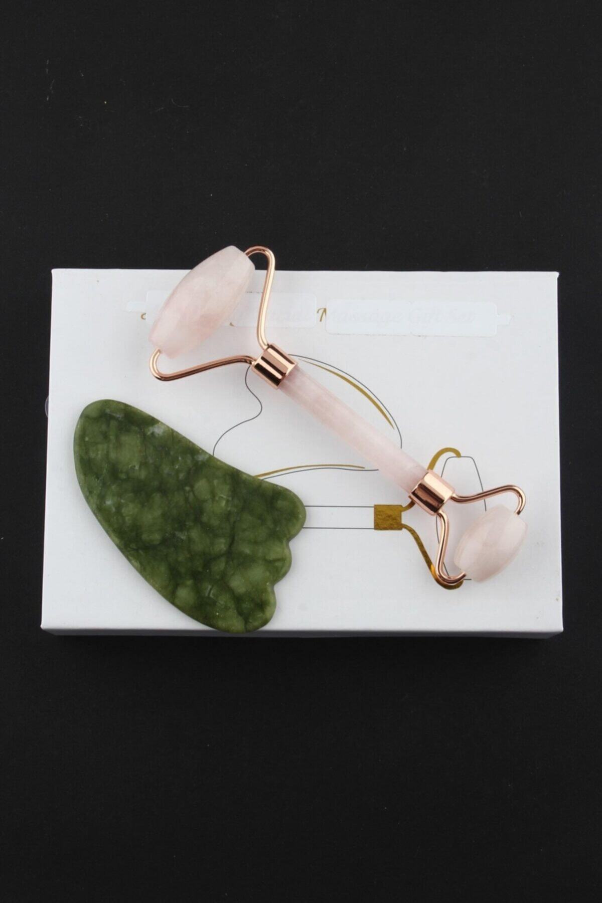 Sertifikalı Pembe Kuvars Masaj Taşı Roller Ve Yeşim Gua Sha (KAZ AYAĞI TASARIMLI) Set