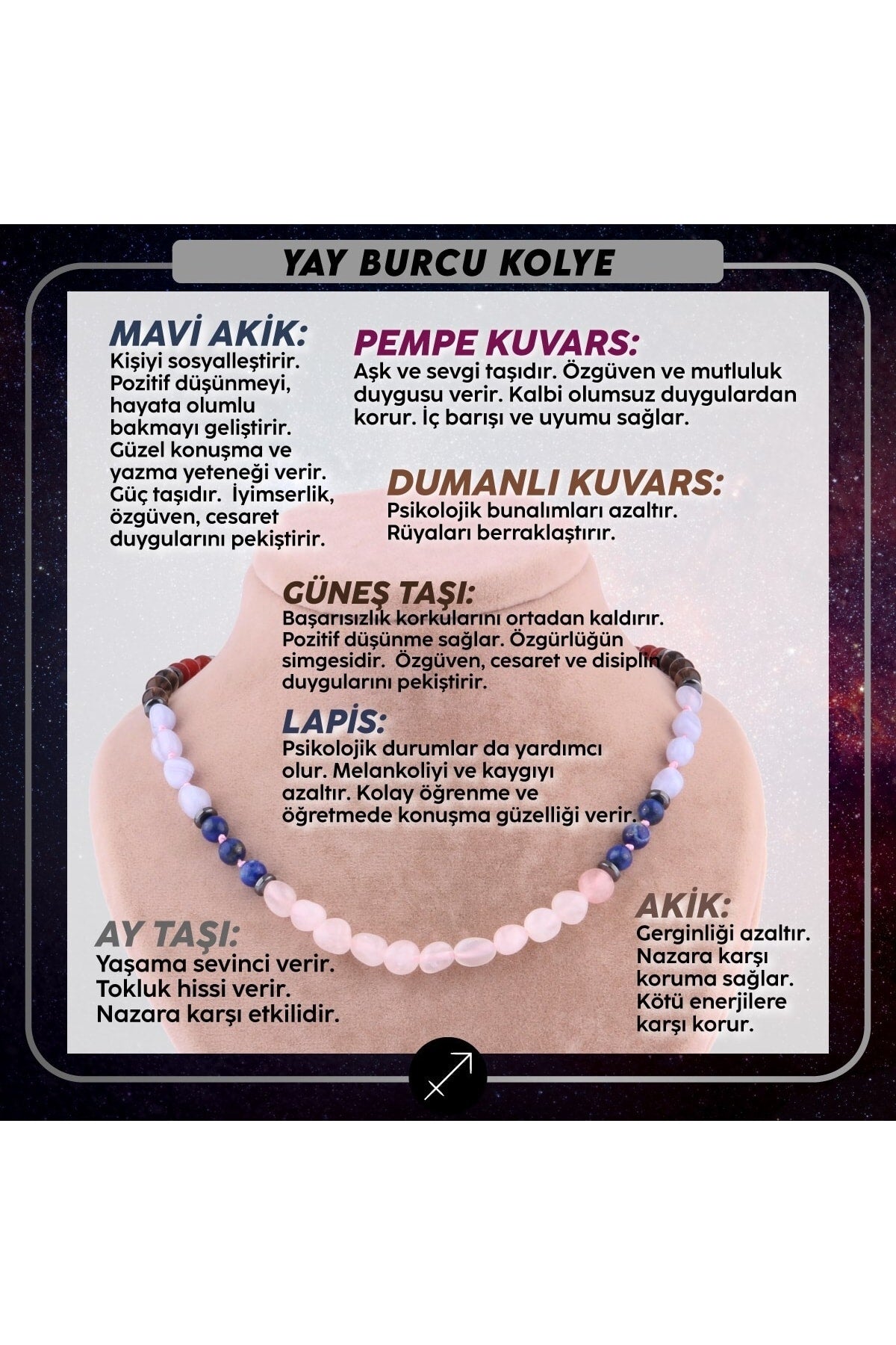 Sertifikalı Yay Burcu Doğal Taş Kolye M319