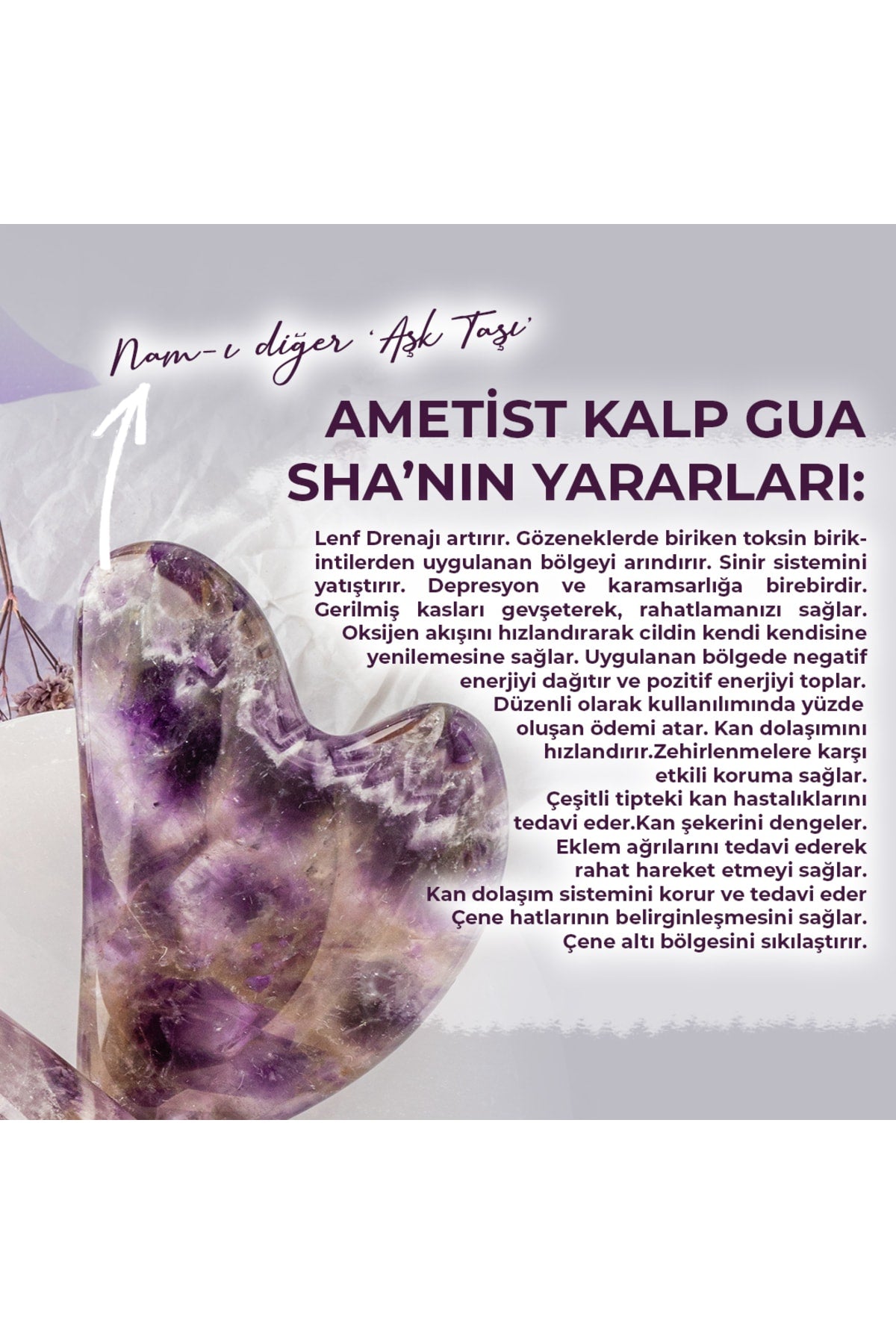 Sertifikalı Ametist Doğal Taşı Roller Ve Kalpli Gua Sha Masaj Takımı Ma067