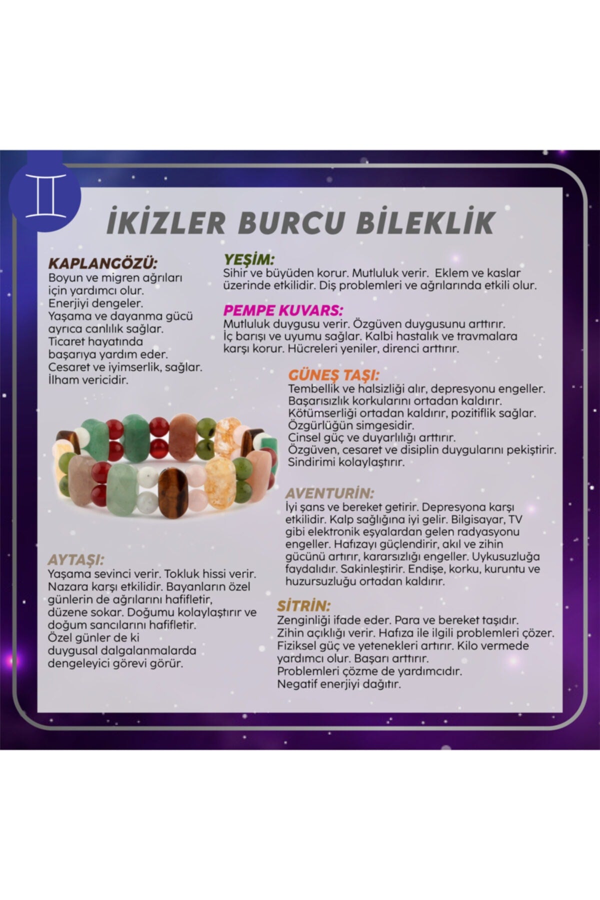 Sertifikalı Ikizler Burcu Doğal Taş Roleks Bileklik B006