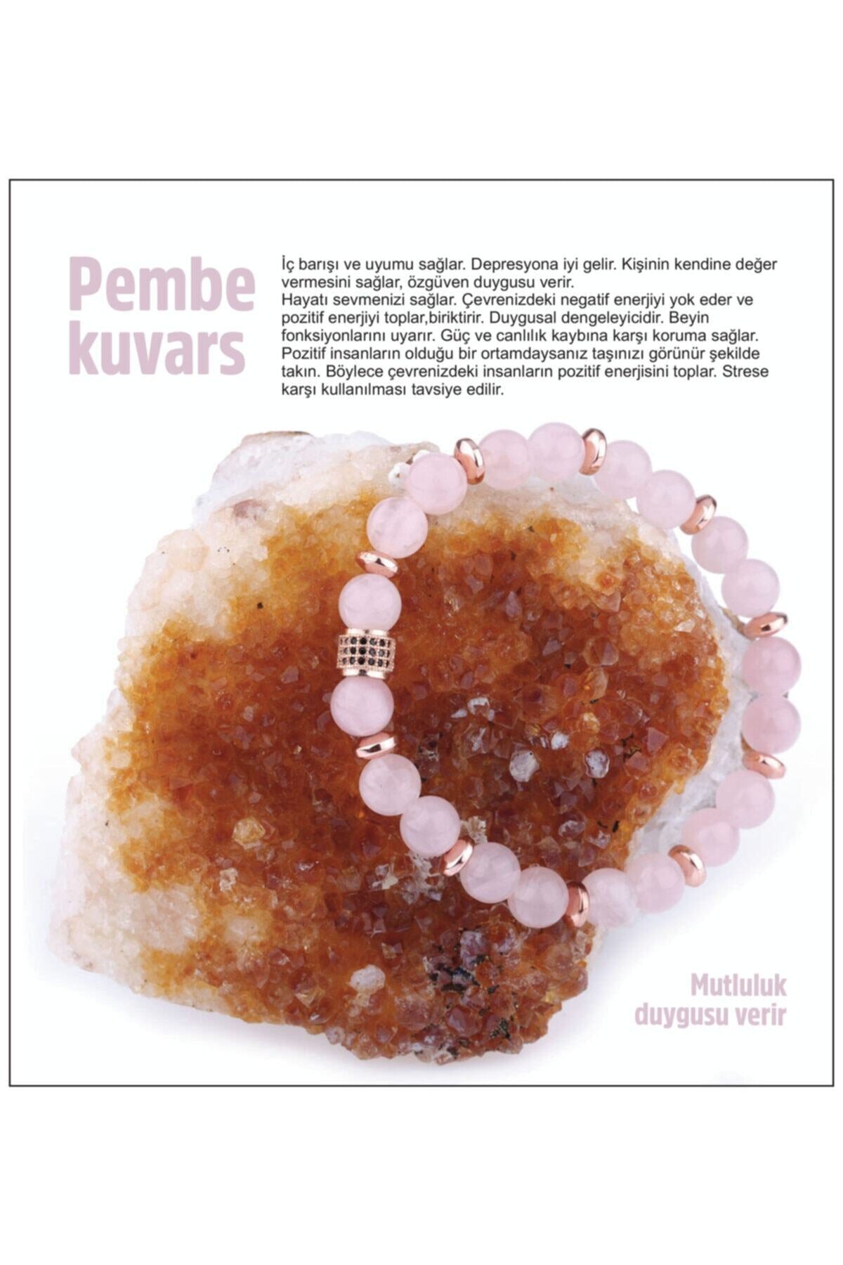 Sertifikalı Doğal Taş Bileklik - Pembe Kuvars