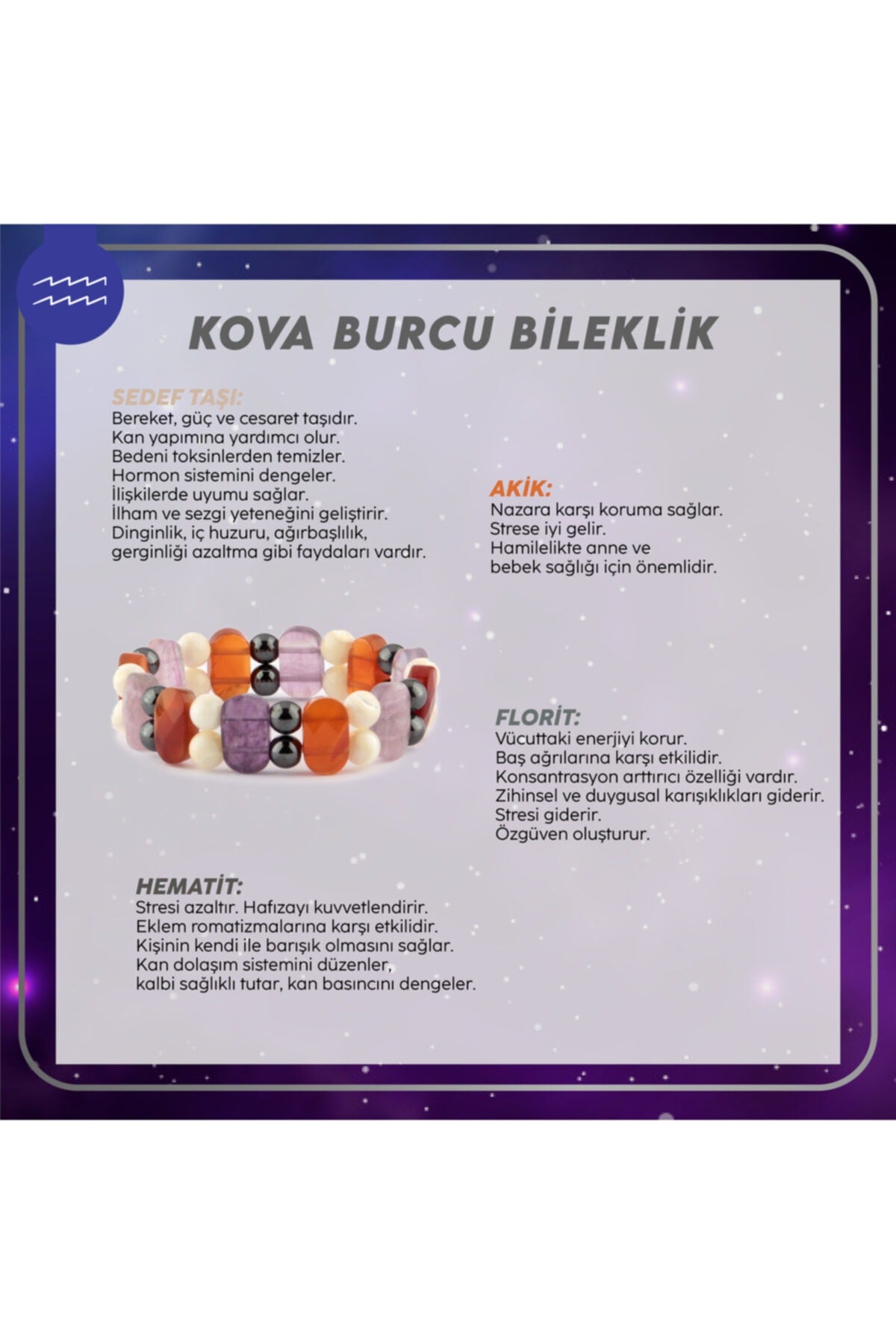 Sertifikalı Kova Burcu Doğal Taş Roleks Bileklik B008