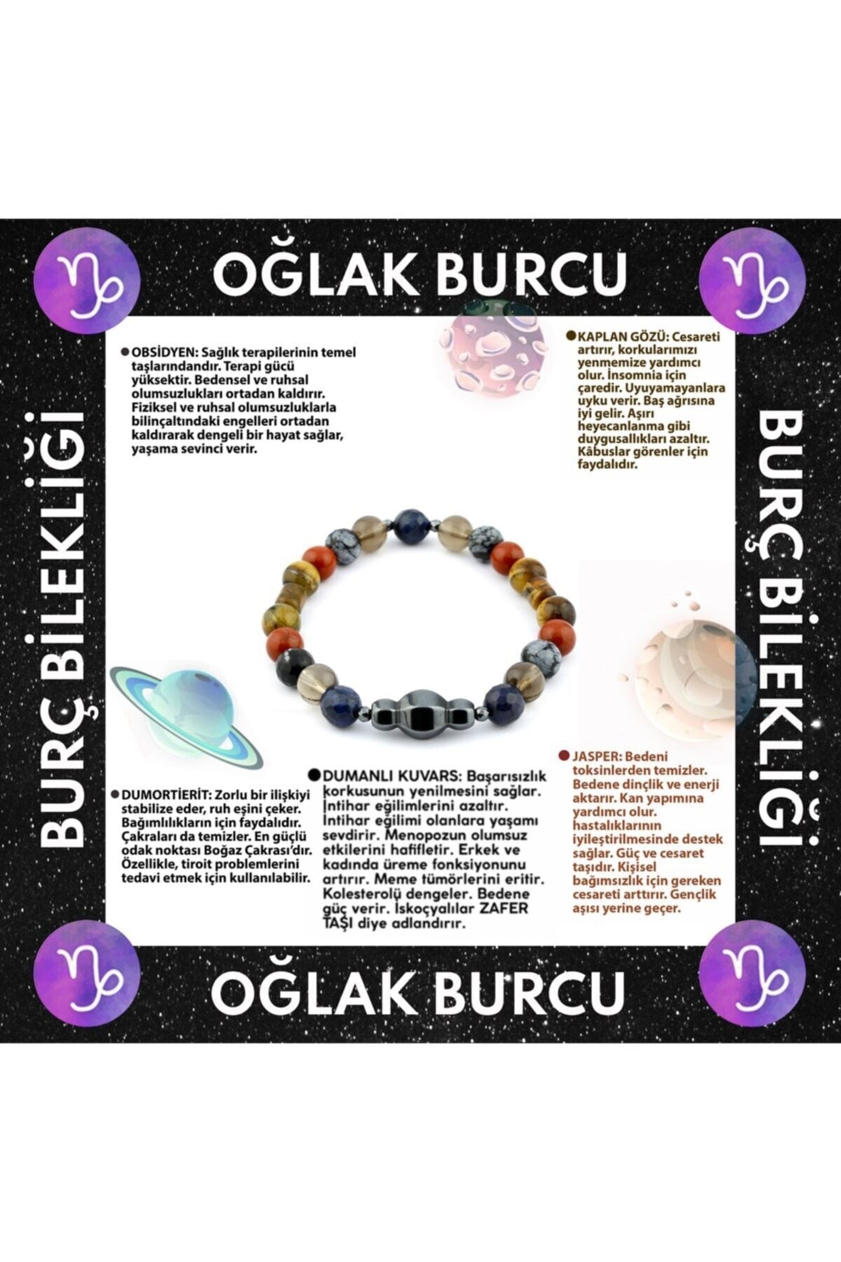 Sertifikalı Oğlak Burcu Bileklik-obsidyen-kaplan Gözü-jasper-dumanlı Kuvars-dumortierit