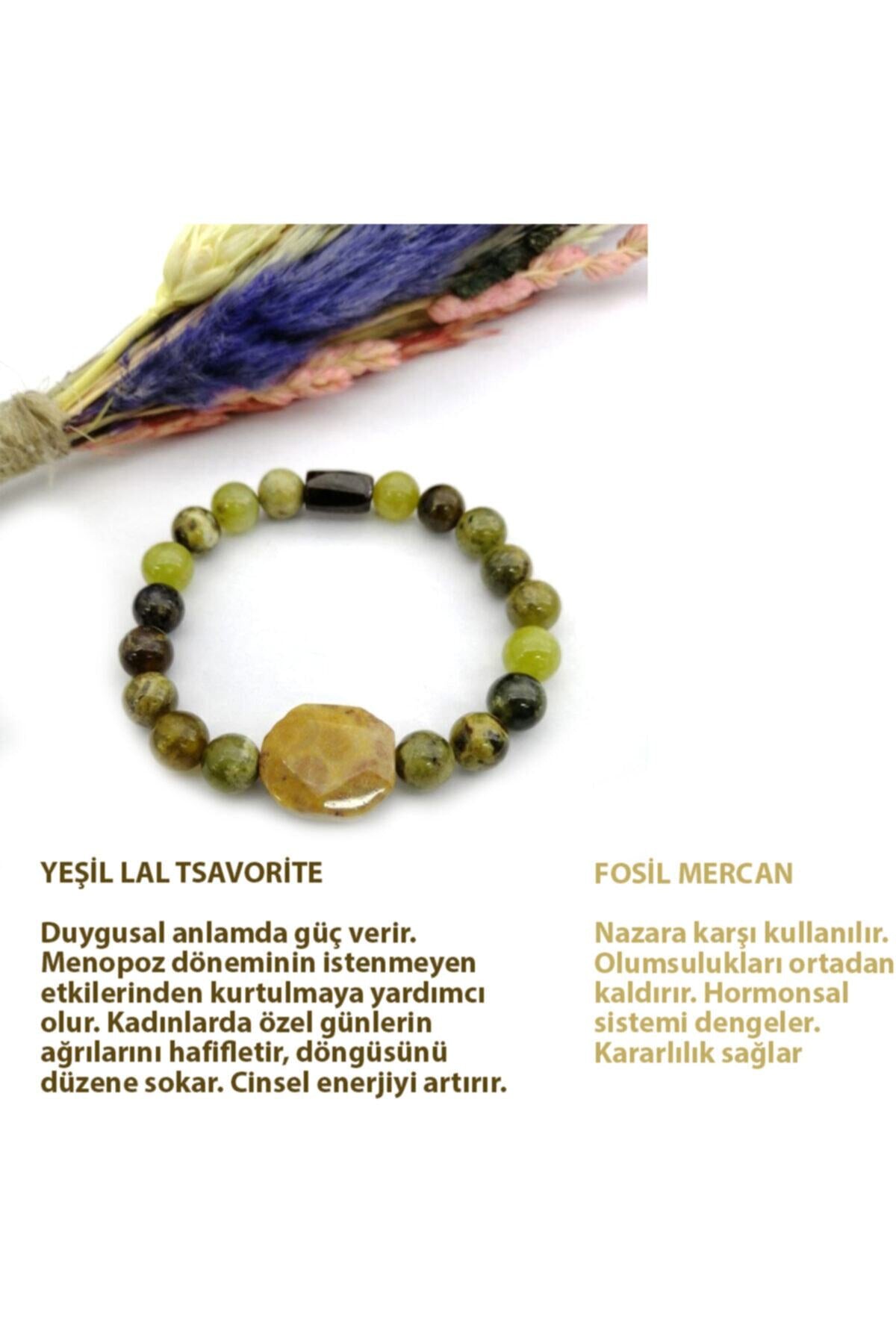 Sertifikalı Doğal Taş Bileklik- Yeşil Lal Tsavorite, Fosil Mercan Aparat