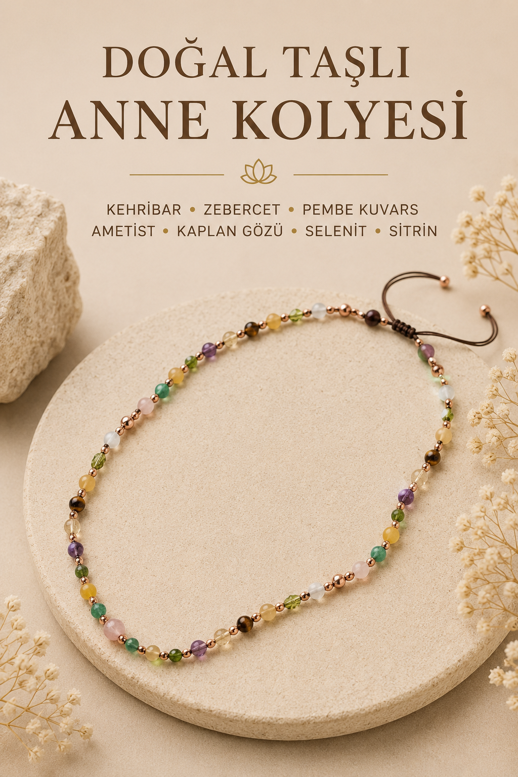 Doğal Taşlı Anne Kolyesi Kehribar, Zebercet, Pembe Kuvars, Ametist, Kaplan Gözü, Selenit, Sitrin
