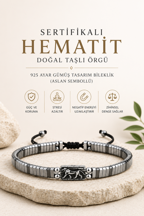 SERTİFİKALI HEMATİT DOĞAL TAŞLI ÖRGÜ 925 AYAR GÜMÜŞ TASARIM BİLEKLİK (ASLAN SEMBOLLÜ)