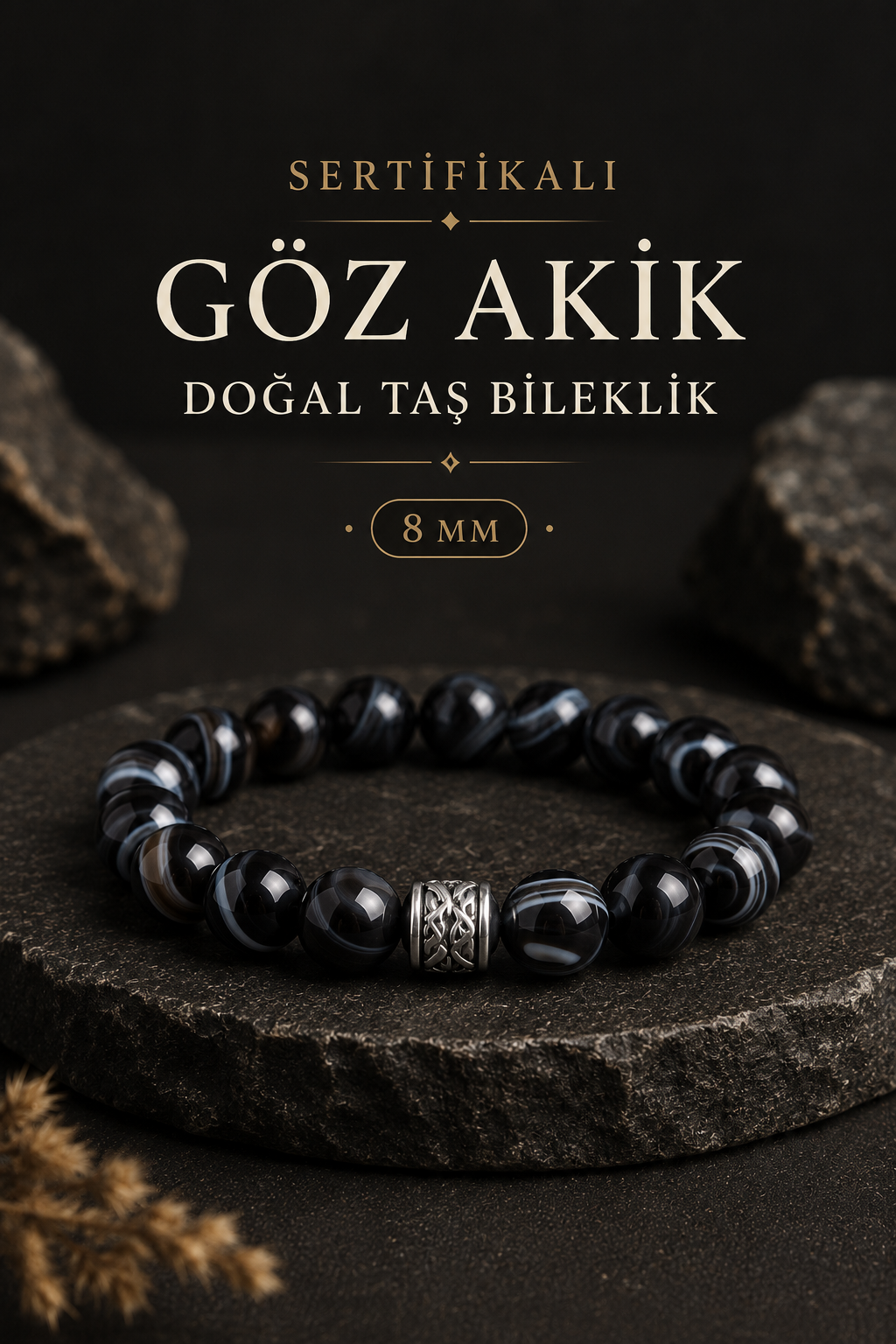 Sertifikalı Göz Akik Doğal Taş Bileklik 8 Mm - B125