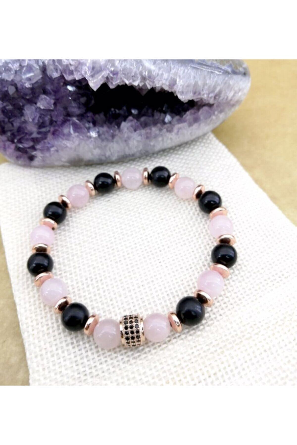 Sertifikalı Doğal Taş Bileklik - Pembe Kuvars,shungite