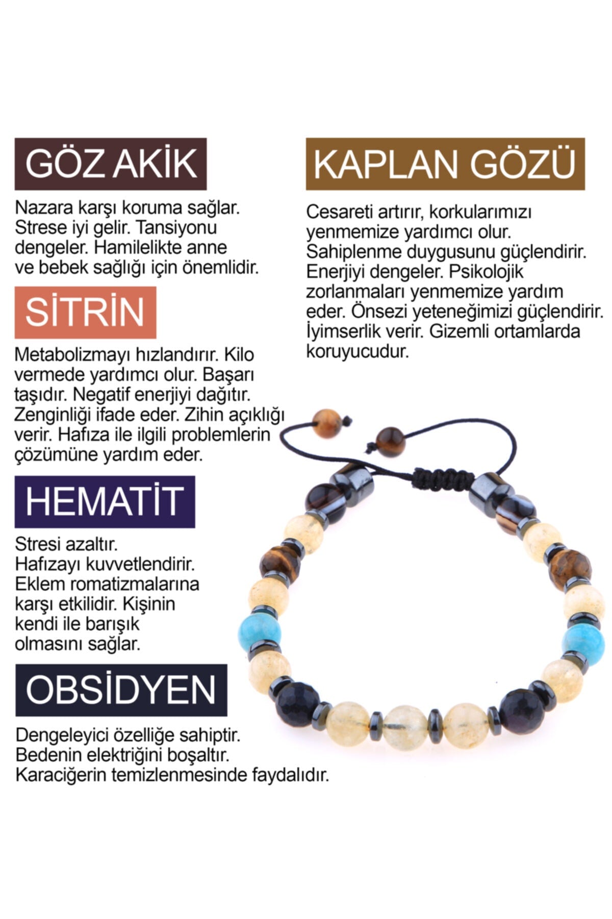 Sertifikalı Göz Akik-sitrin-hematit-obsidyen-kaplan Gözü Bileklik